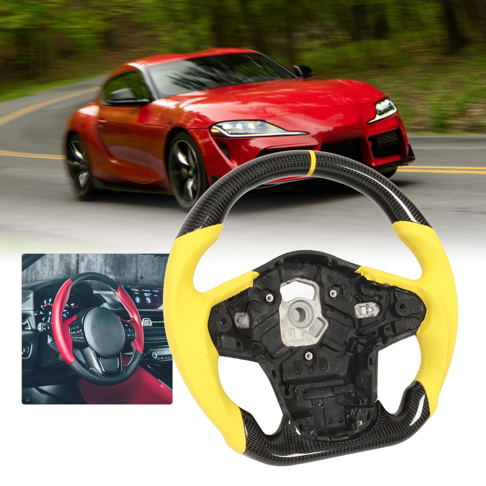 Kierownica z Włókna Węglowego z żółtymi Przeszyciami i perforowaną skórą do GR Supra A90 J29 2020–2023, Wyścigowa Konstrukcja z Płaskim Dnem Zapewniająca lepszą kontrolę