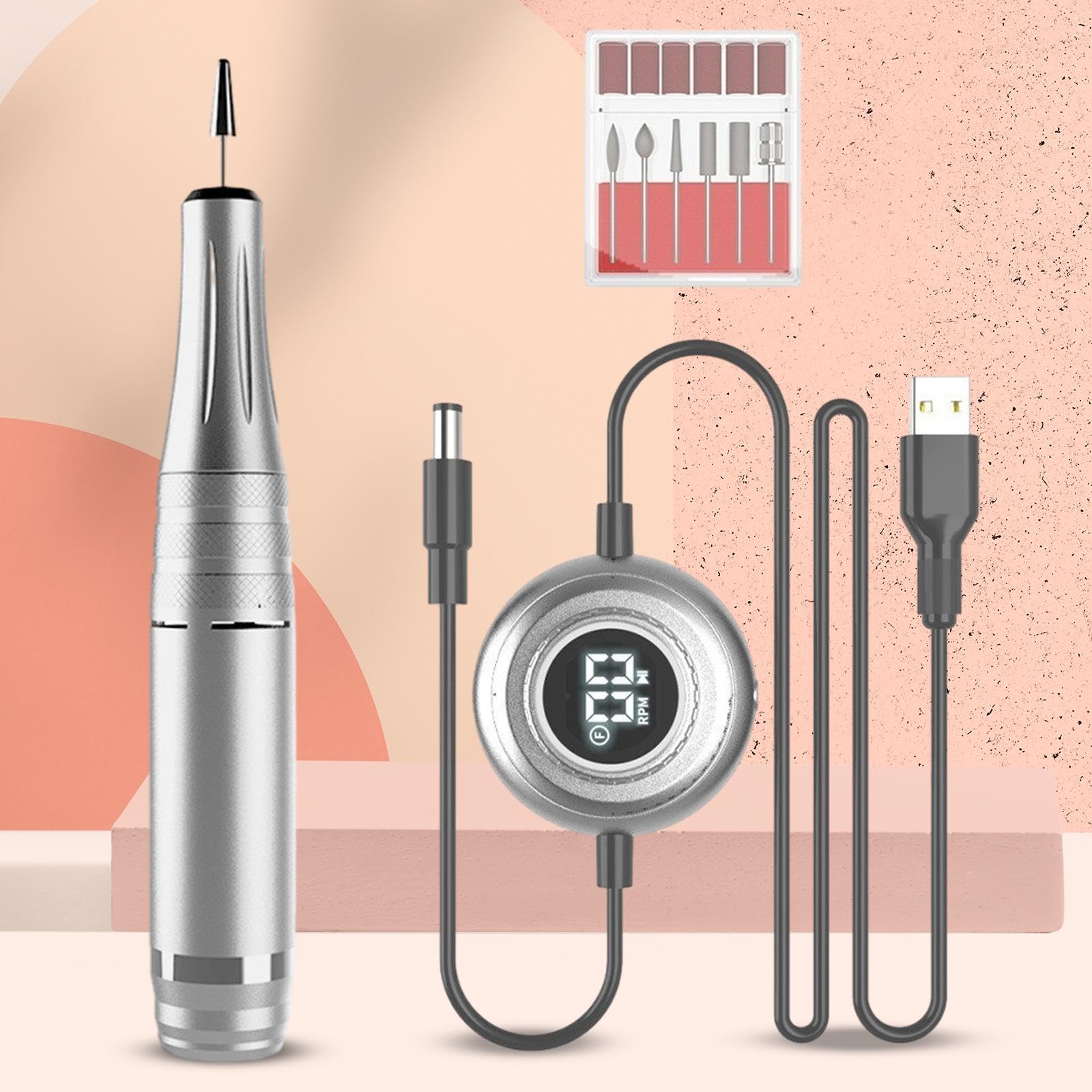 Lima de Uñas Eléctrica Máquina Pulidora Portátil Recargable con Pantalla Controlador USB Conjunto de 6 Brocas 6 Bandas Lijadoras Adecuada, Plata