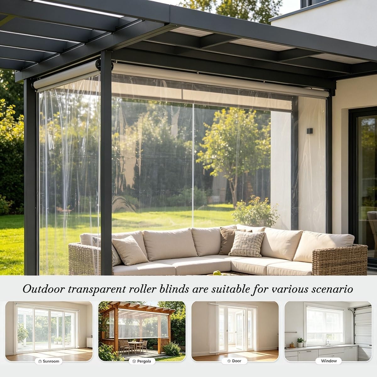 Generico Tenda Rullo PVC Trasparente Esterno Impermeabile pergola | Tenda rullo termica trasparente per pergola 80/120/180/220 cm, facile montaggio, antivento(B150xH250cm)