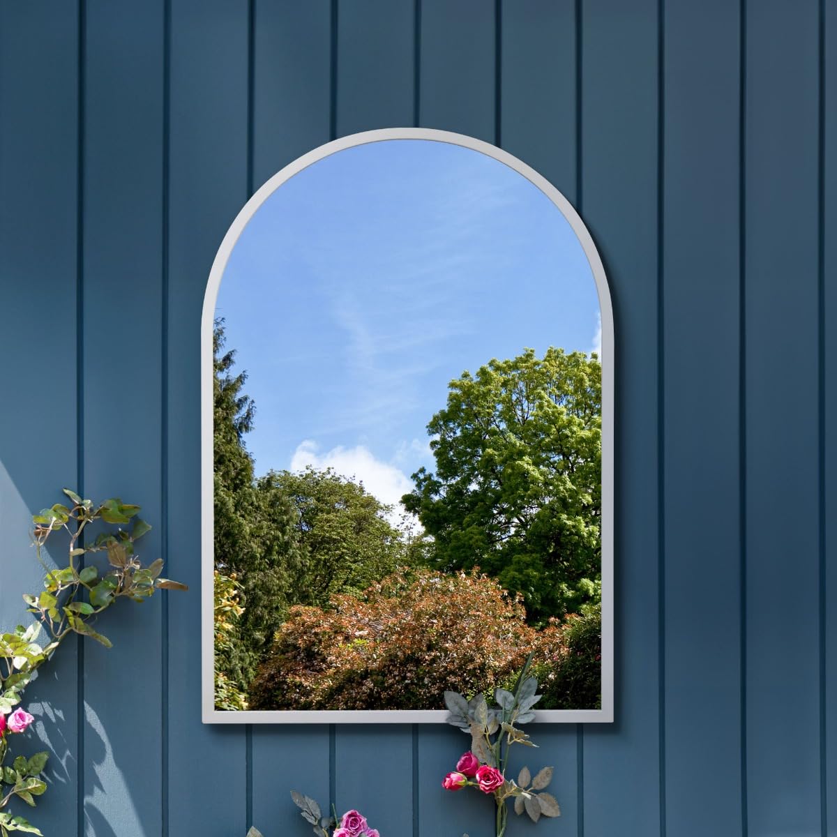 MirrorOutlet The Arcus - White Metal Framed Modern Arched Garden Wall Mirror 39" X 27" (100CM X 70CM) Black. 2cm Wide Frame and 3cm Deep.