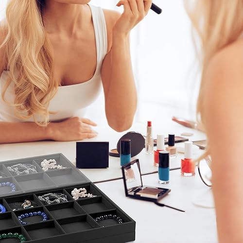 Miniatura 6 de Rocutus Bandejas de joyería, paquete de 3 bandejas apilables de terciopelo organizador de joyas, bandeja organizadora de anillos divididos para