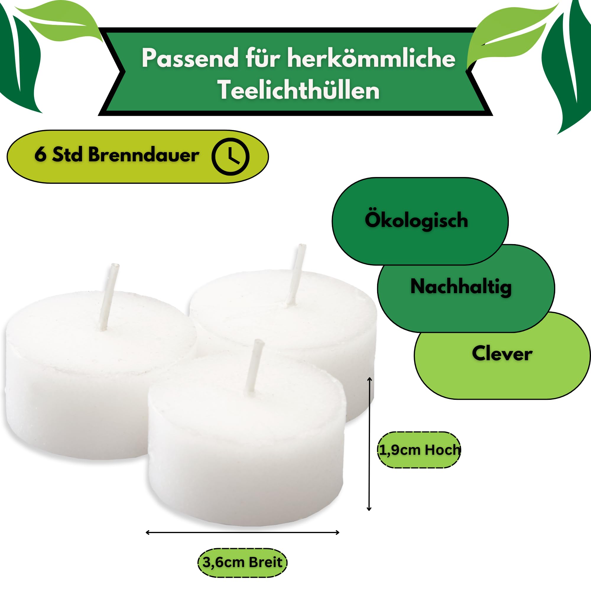 Candelo Eco Refill - Velas de té (54 unidades, cera en bruto sin funda, para portavelas reutilizables y portavelas, sin plástico, sin olor, 6 horas de combustión, paquete de almacenamiento sostenible)