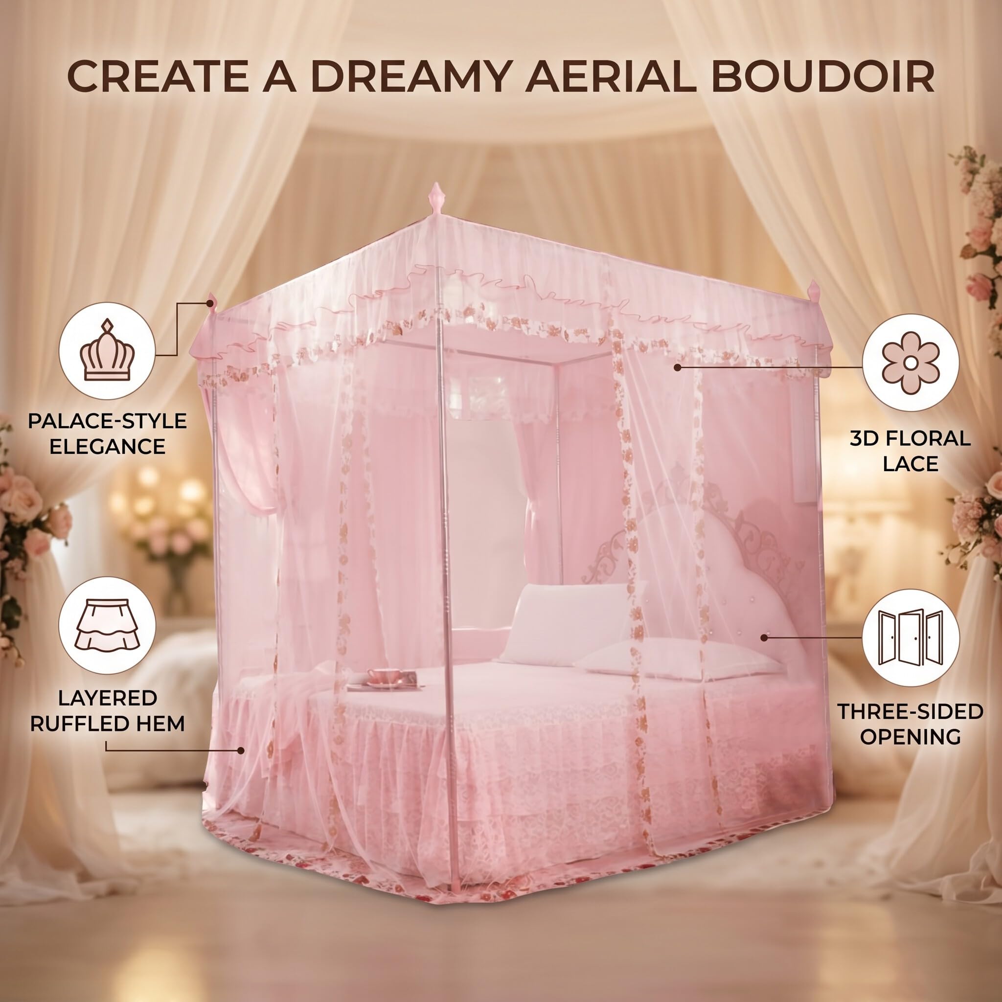 Betthimmel Moskitonetz Bett für Mädchen Luxus-Prinzessin-Quarterposten-Bettvorhänge 3-türiges Netzgewebe Rosa 150x200x200cm