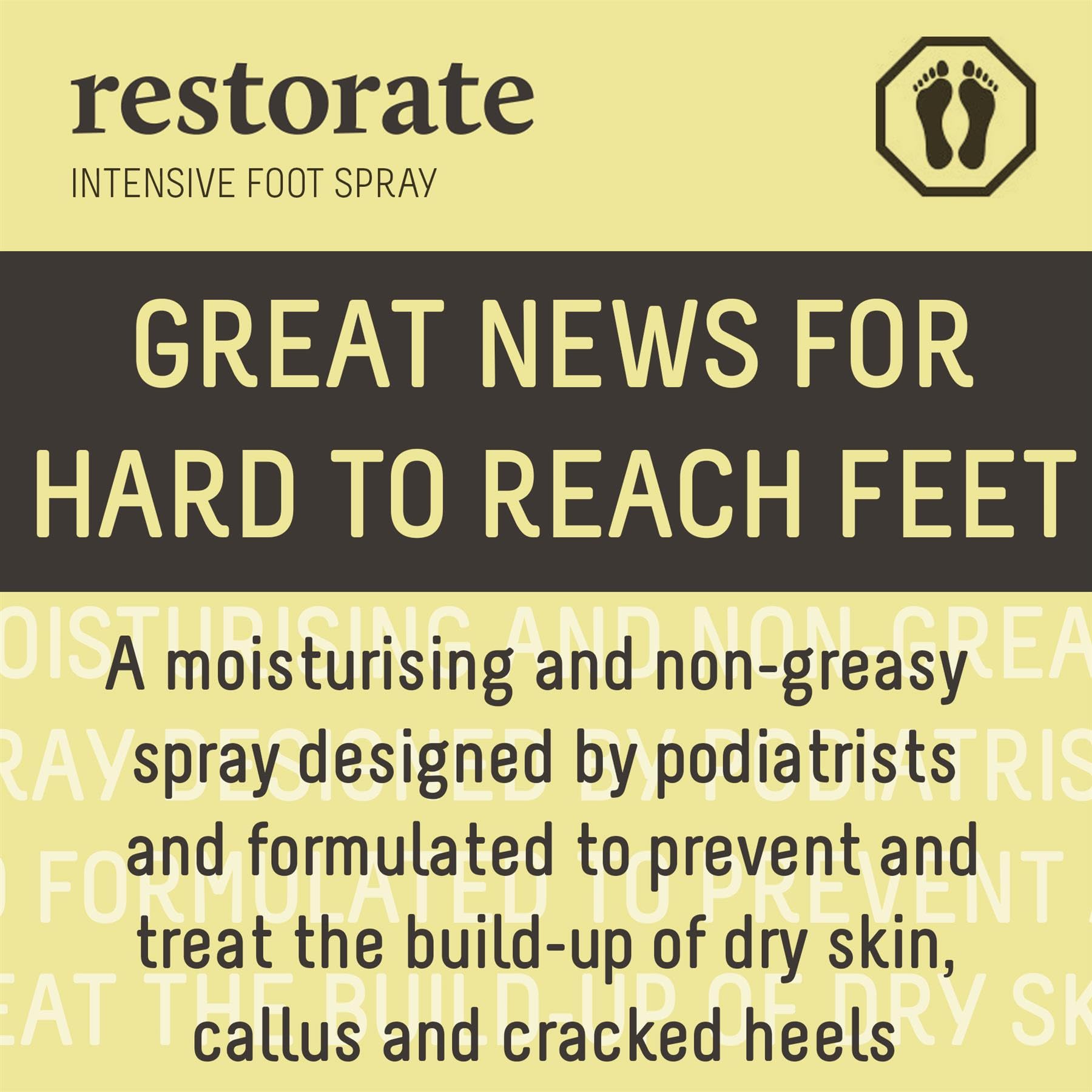 Restorate Intensives Fußspray, 113 ml, No-Touch und nicht fettende Anwendung, von Podologen entworfene, luxuriöse Reparatur für rissige Ferse und Hornhaut, enthält 25 % Urea, Vit B5 und Aloe Vera