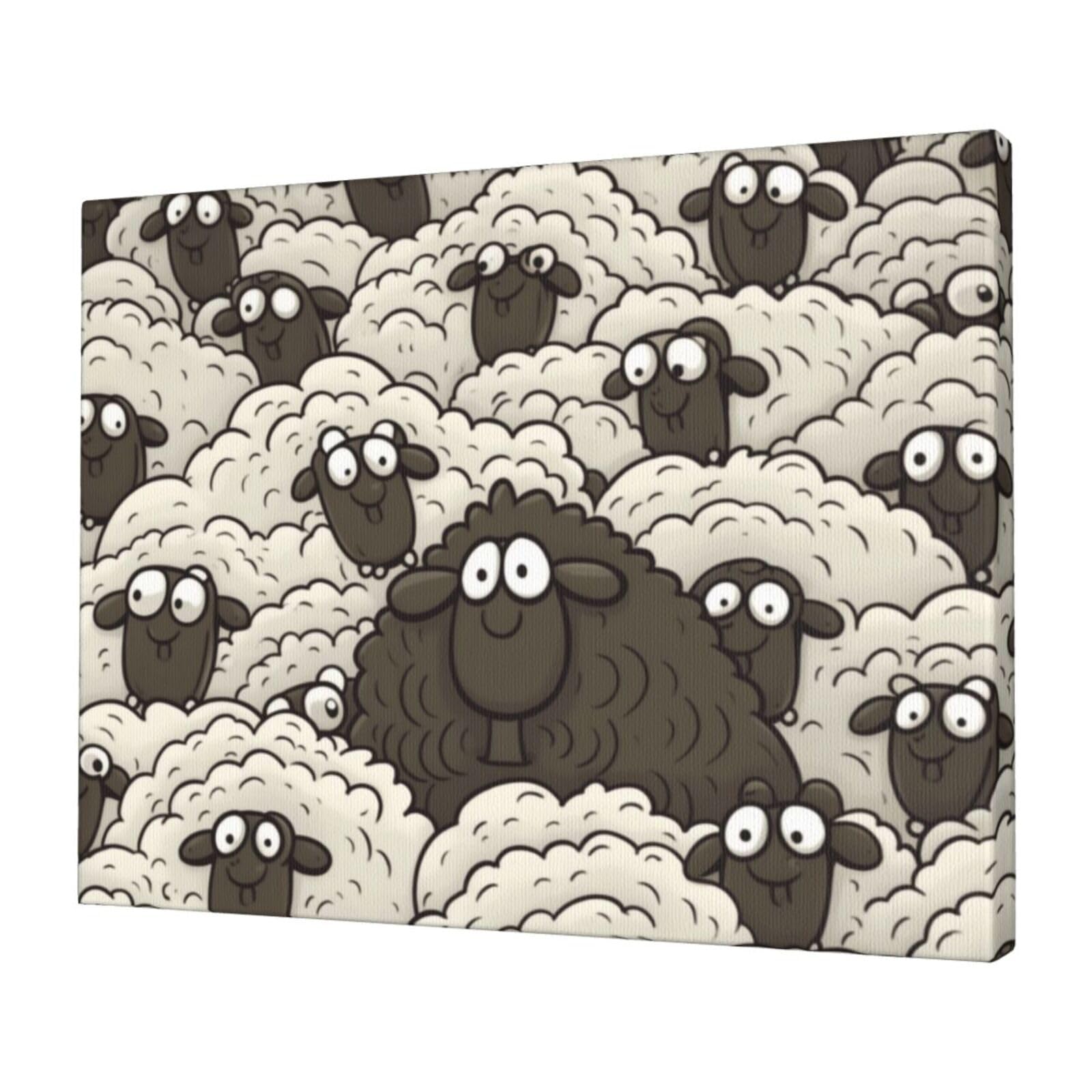 KLOPH Cartoon Black White Sheep Canvas Wall Art for Living Room 12"x16" Modern Artwork Painting for Bathroom Hanging Canvas Prints Aesthetic Wallart for Bedroom Kitchen Office Wall Decor
