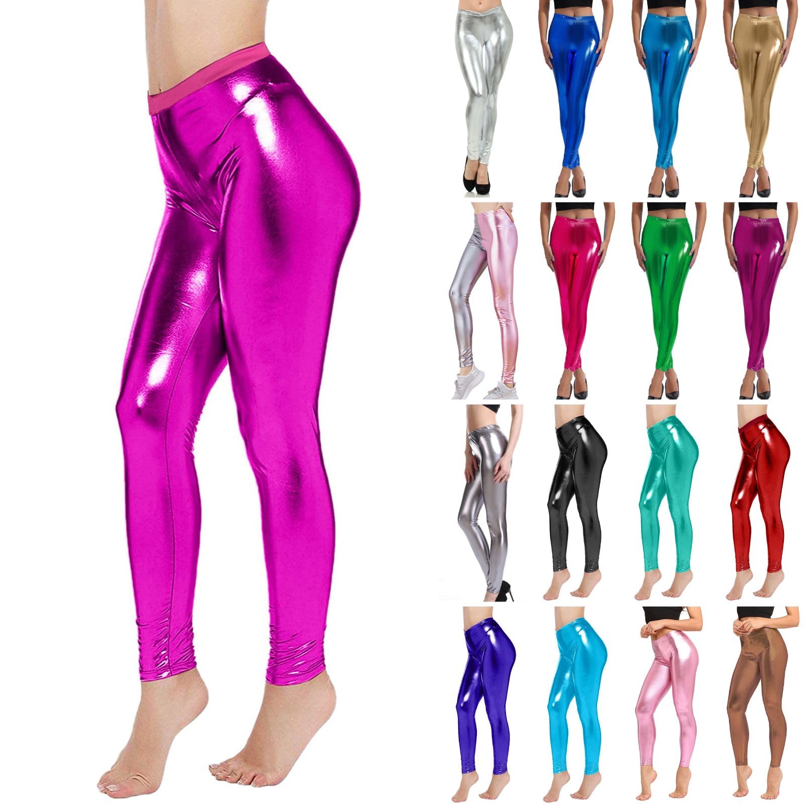 Women's Leggings Silver Metallic Shiny Trousers 80s with High Waist Shiny Leggings Party Skirt Dance Disco Costume Carnival Space Metallic Glitter Trousers Golden Leggings, B-Hot Pink, XL