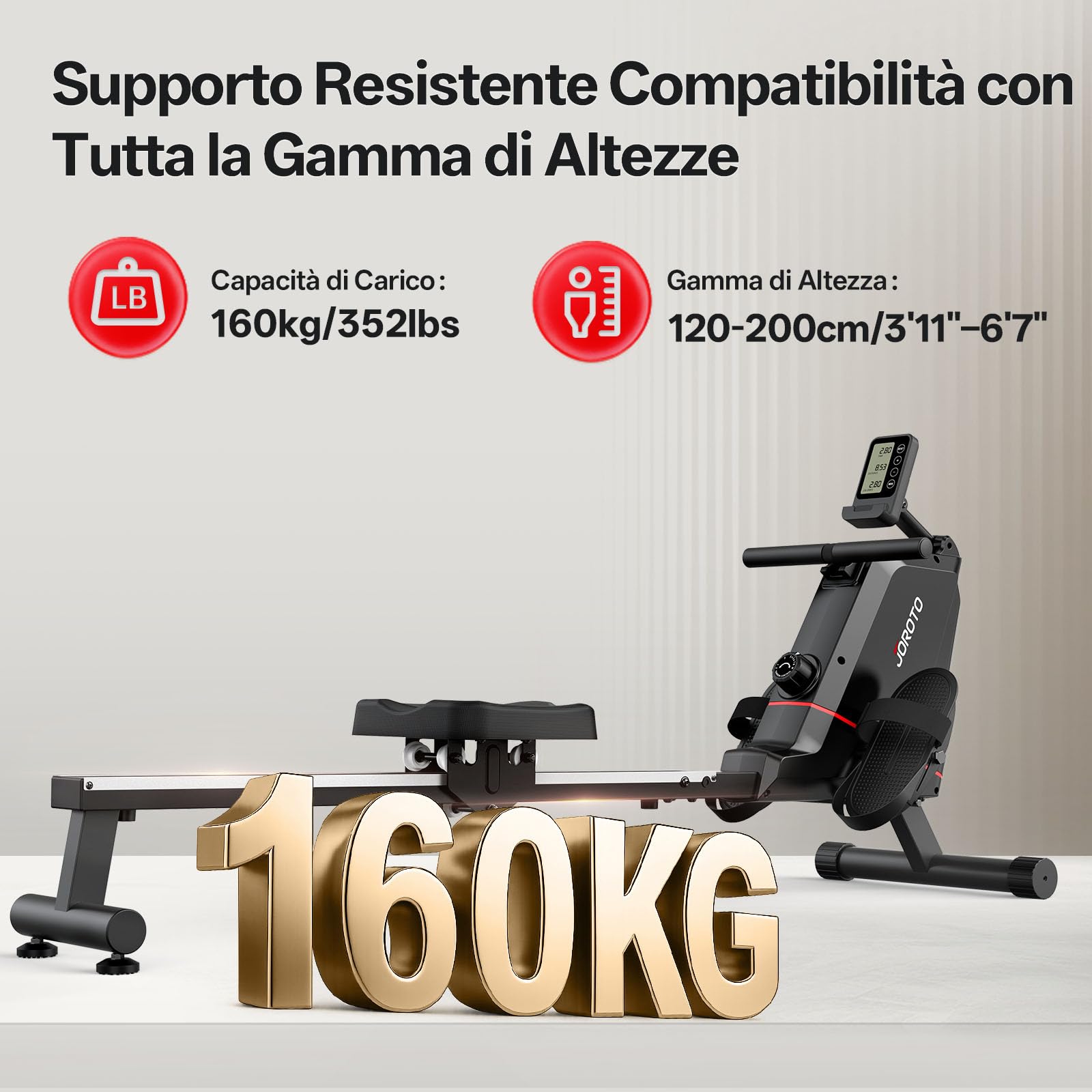 JOROTO Vogatore per Casa, Vogatore Magnetico Silenzioso con Monitor Bluetooth, Carico Massimo 160 KG, Facile da Montare, Stoccaggio Verticale, Salvaspazio