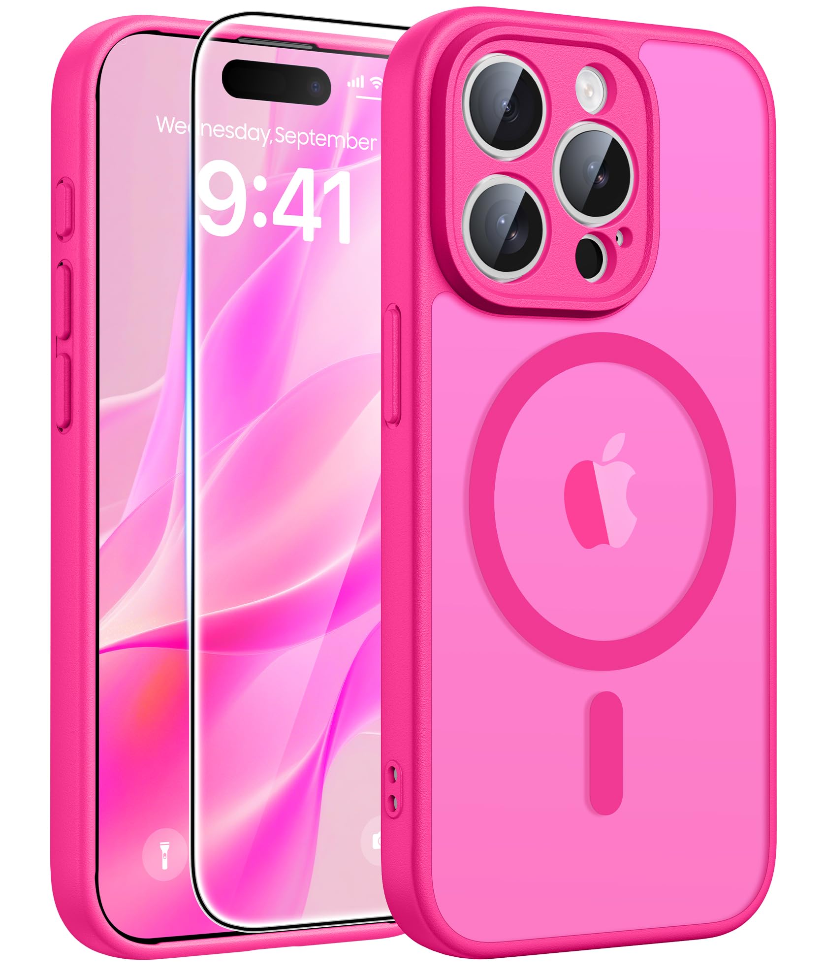 FNTCASE for iPhone 15 Pro Case, Fit for Magsafe, Screen Protector, Hot Pink