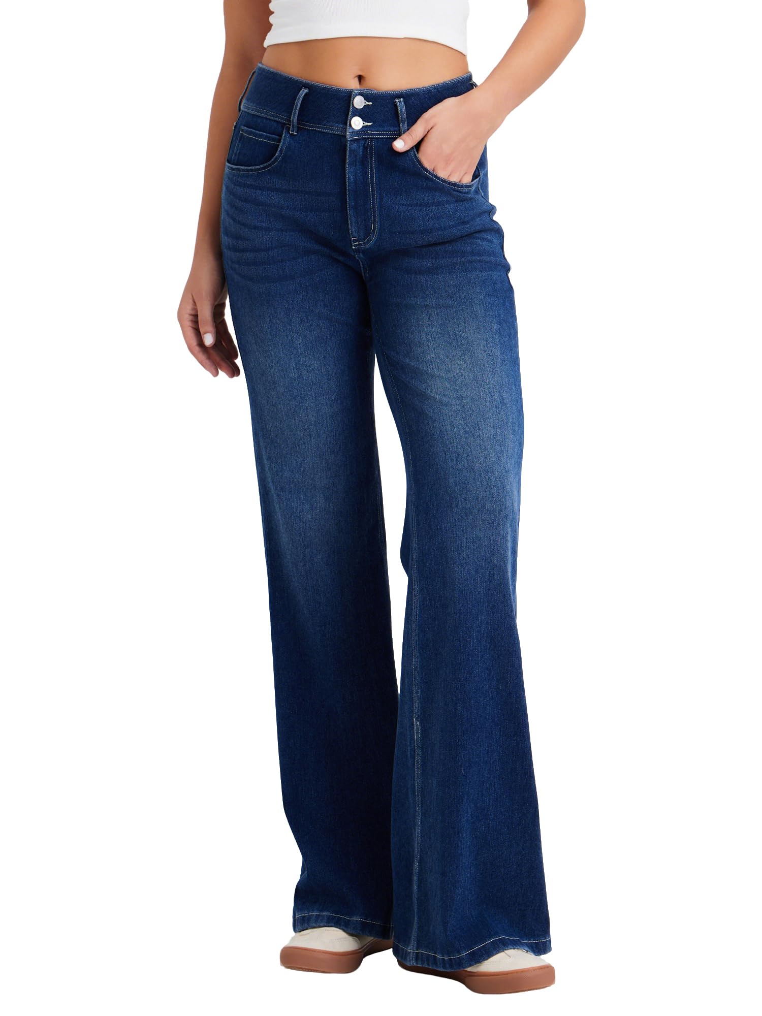LaiEr Jeans à Jambe Large pour Femmes,avec Design de Devant à Boutons Doubles et Fermeture éclair,Coupe Ample,Pantalon en Denim à Haute élasticité adapté