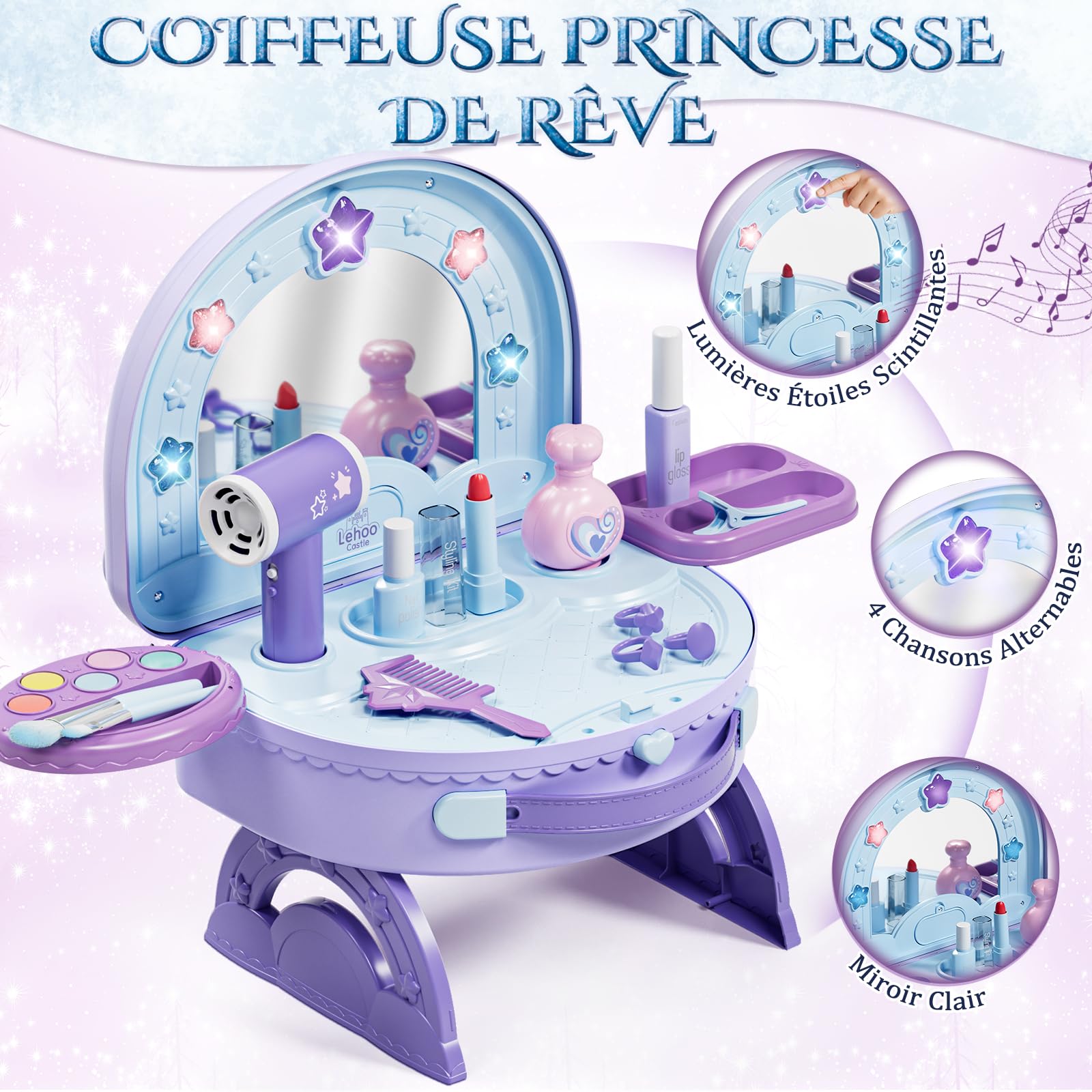 Lehoo Castello Trucchetto per Bambine 3 4 5 Anni, Tavolo Toeletta 2-in-1 Portatile con Set Trucco Finto, Trucchetto con Luci e Musica, Regalo di Compleanno per Bambine dai 3 Anni in su