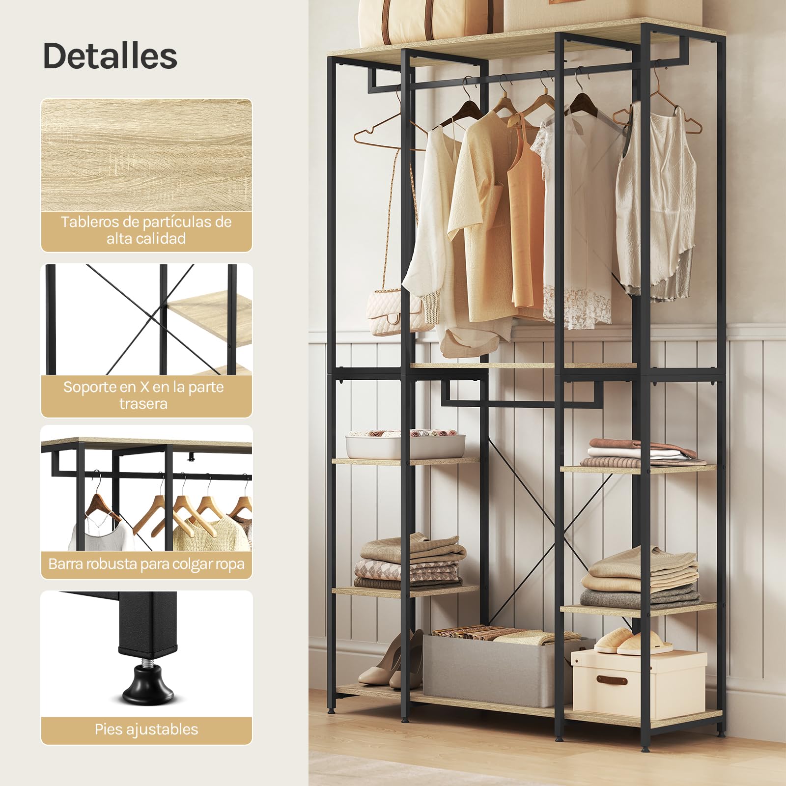 WOLTU Perchero Armario Burro Ropa Perchero Zapatero con 6 Estante Multiusos Fuerte Metal y Madera de Estilo Industrial Roble Claro+Negro