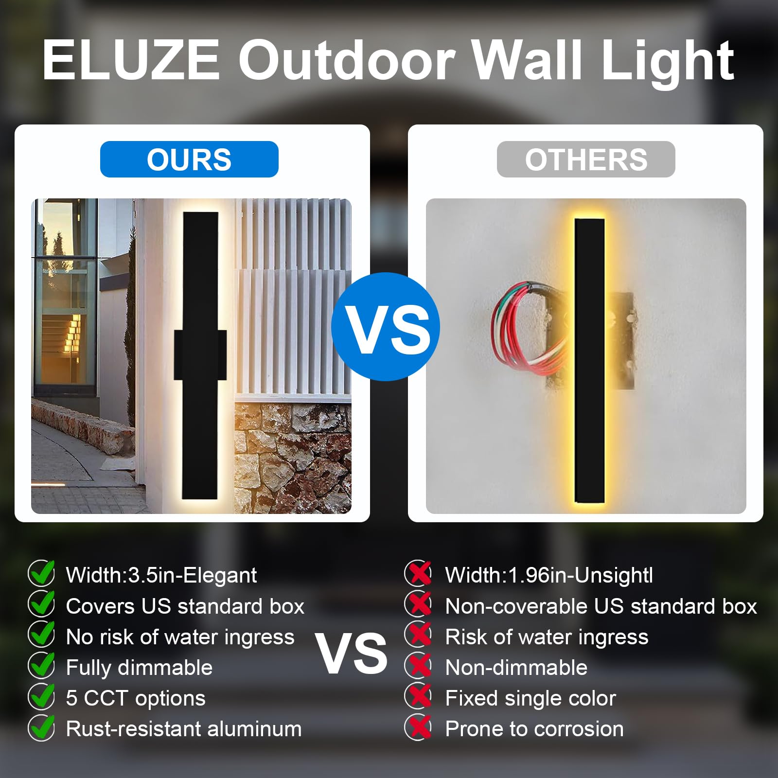 TULUZE 2 Pack Outdoor Long Wall Lights Fixture Dimmable, 24in
