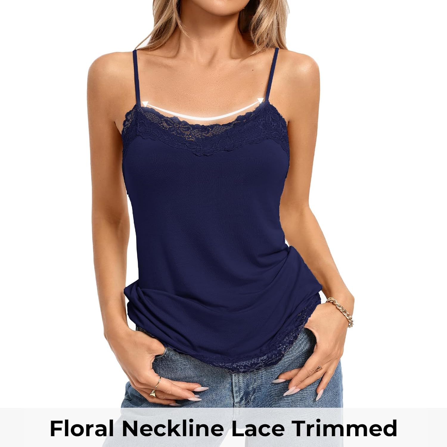 Kate Kasin Women's Adjustable Spaghetti Strap Lace Trim Cami Tunic Tank Top 2PACK - Image 3