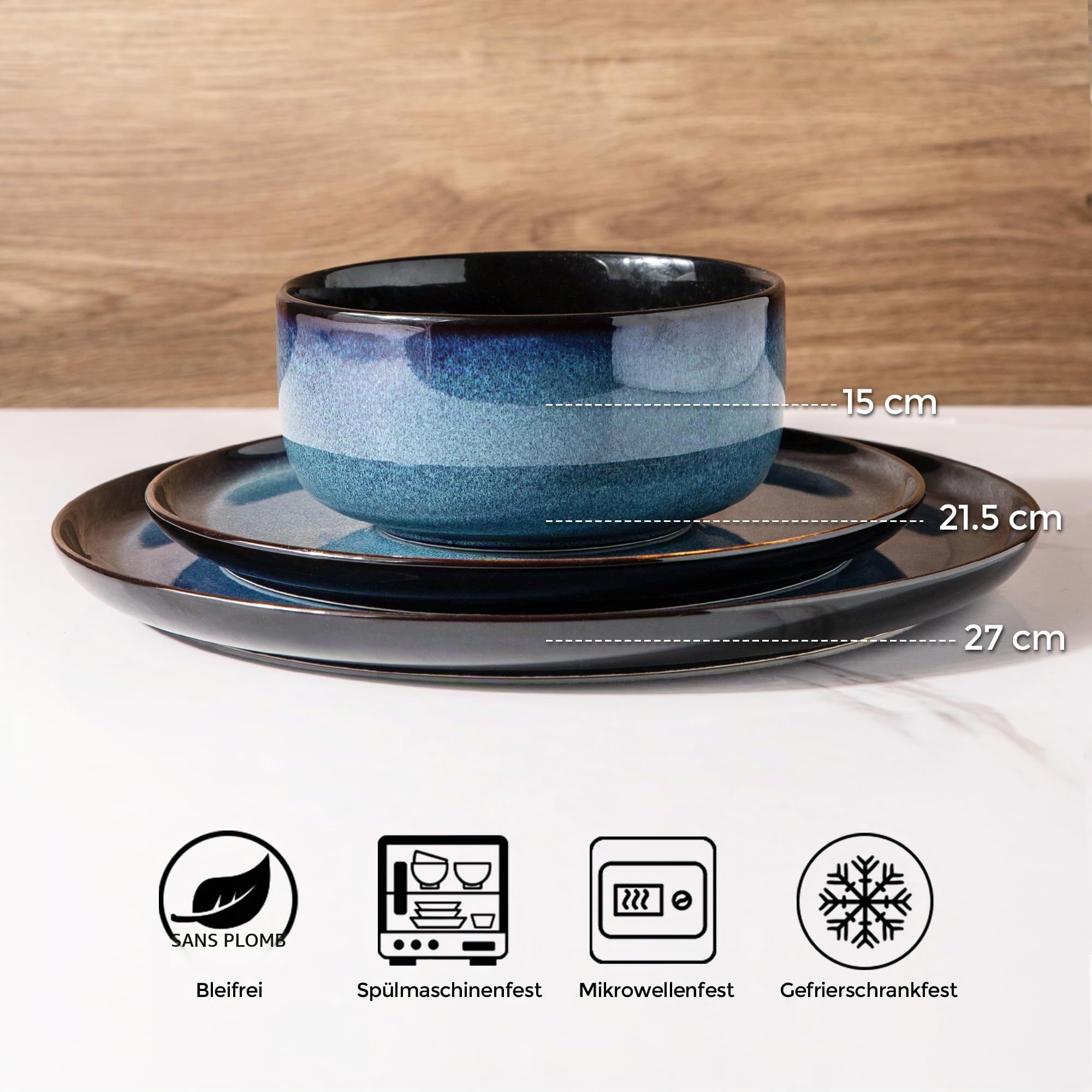 Service de table 12 pièces bleu espace, service pour 4 personnes en grès émaillé réactif, résistant aux éclats et aux rayures, passe au lave-vaisselle et au micro-ondes