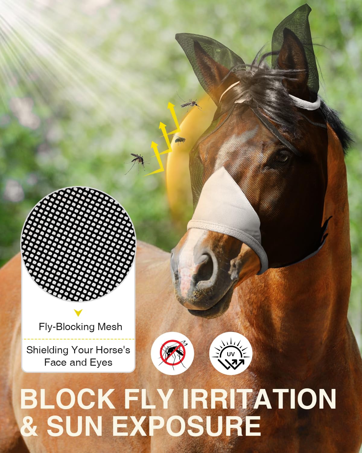 Hilltown Máscara de mosca ajustable para caballo con orejas, bloqueo UV, gran espacio para los ojos, transpirable, construida para durar, ajuste cómodo, máscara de mosca de caballo para estabilidad