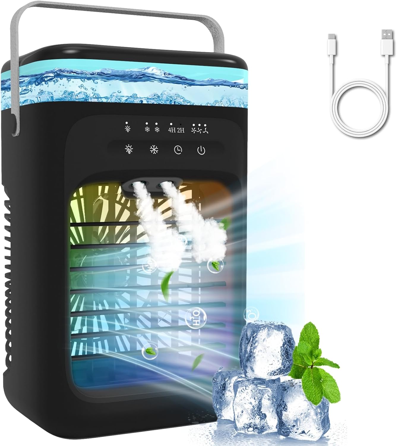 Portable Air Conditioner, 2025 Upgrade Evaporative Mini Portable AC Unit with 3 Adjustable Speed 2-4H Timer & 7-Color LED, Compact Cooling Fan for Bedroom, Home, Office, Small Rooms