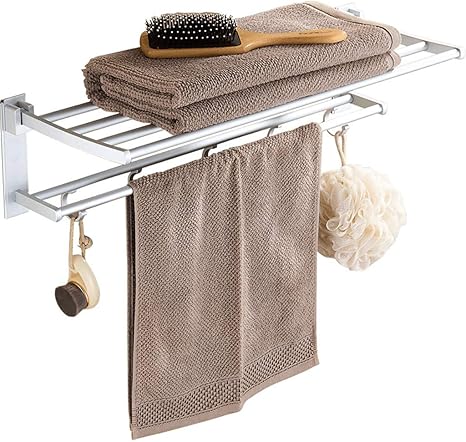 QVIVI Toalleros Sin Taladro, Toallero De Baño Doble Plegable, Barra De Toalla De Aluminio para Colgar En Pared Soporte con Gancho Extraíble 60CM