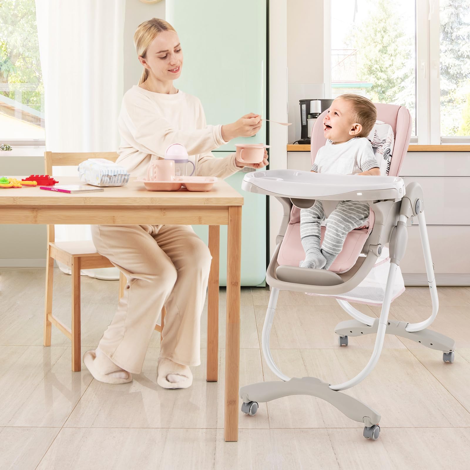 COSTWAY Seggiolone Pappa per Bambini e Neonati, Seggiolone Pieghevole Multifunzione con Ruote, Altezza Regolabile, Poggiapiedi e Schienale, Vassoio Rimovibile, per 6-36 Mesi (Rosa)