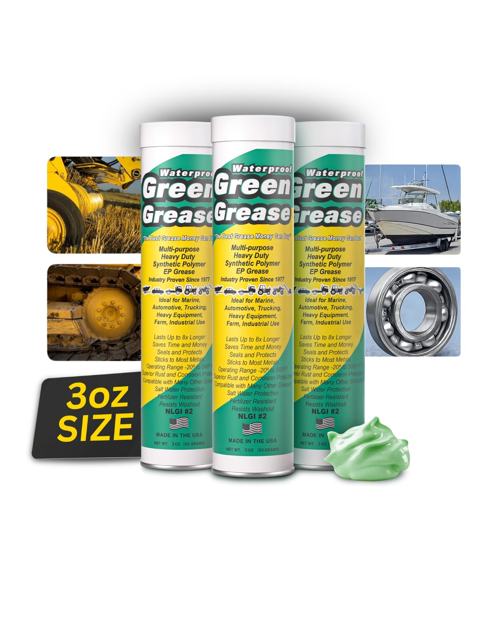 Ultra Heavy Duty Green Grease Tube (3oz, 3 Pack) - NLGI 2, High Temp, Waterproof Marine Grade, Rust Resistant Wheel Bearing Lubricant for 3oz Grease Gun - Marine, Auto, Farm & Home Use - American Made