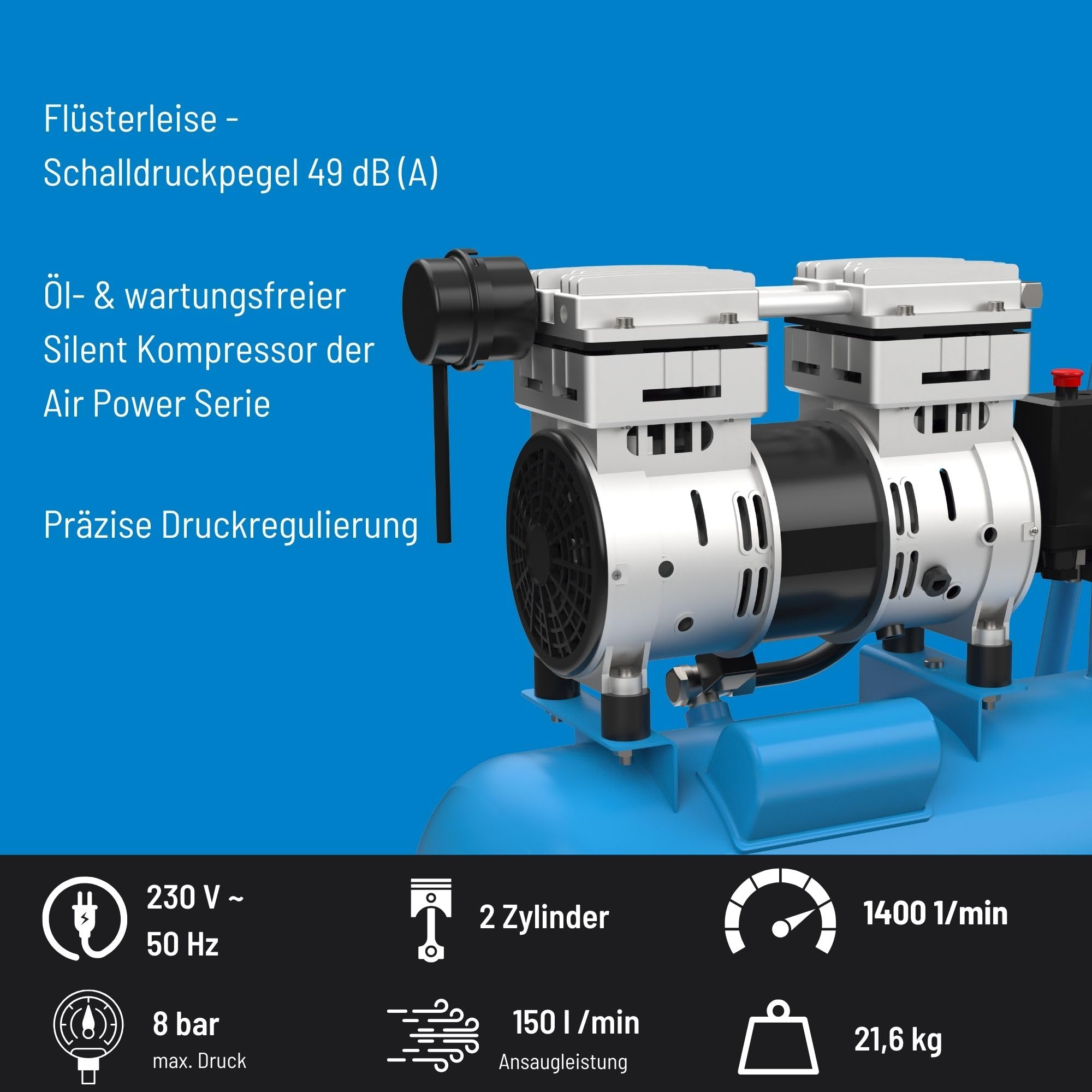 Güde Kompressor Airpower 150/8/24 SILENT ölfrei 8 bar 750 W 24 l Kessel 130 l/min