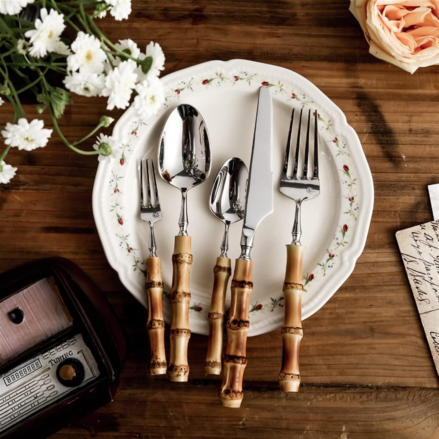 Flatware sets 15pcs 20PCS 25PCS Creative Natural Bamboo Handle Stainless Steel Spoon Cutlery Sets Spoon Dinnerware Dining Tableware,15pcs