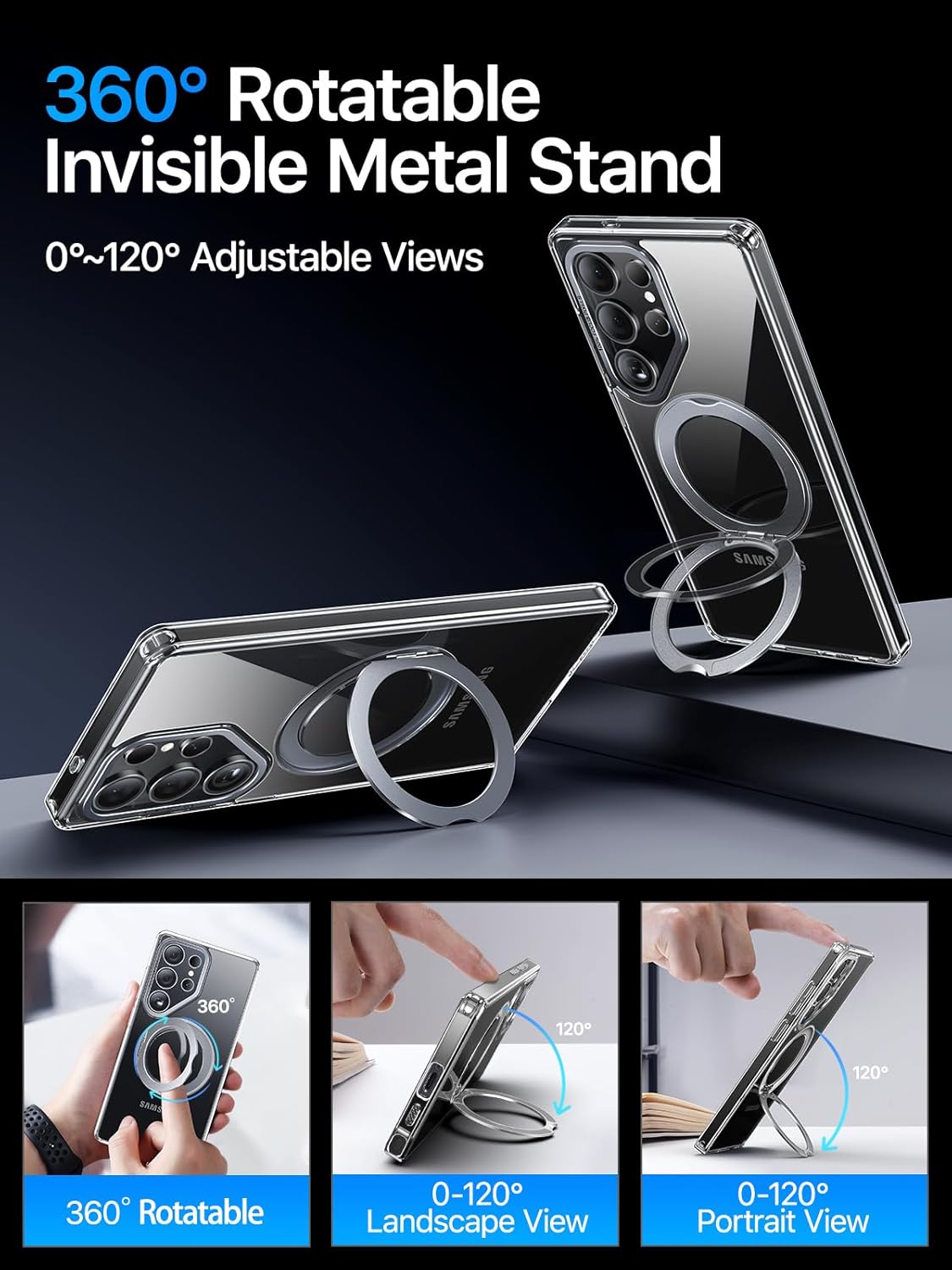 QTlier Phone case for Galaxy S25 Ultra- 360 Rotatable Magnetic Ring Stand, Military-Grade Protection, Raised Camera Frame Clear - Image 2