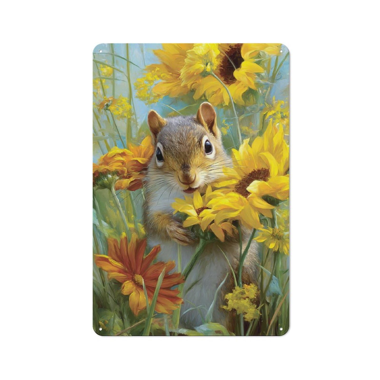 Junmoney Squirrel In Sunflowers Rustic Metal Wall Sign 30X20cm For Home Office Or Studio, For Garage, Workshop And Man Cave Decoration