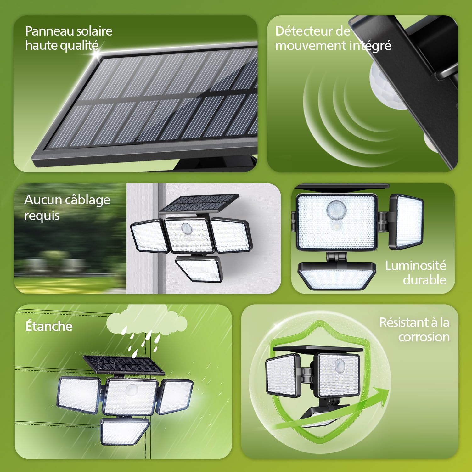 Vue rapprochée des quatre têtes orientables de la lampe solaire Philips, permettant un réglage précis de l'angle d'éclairage.