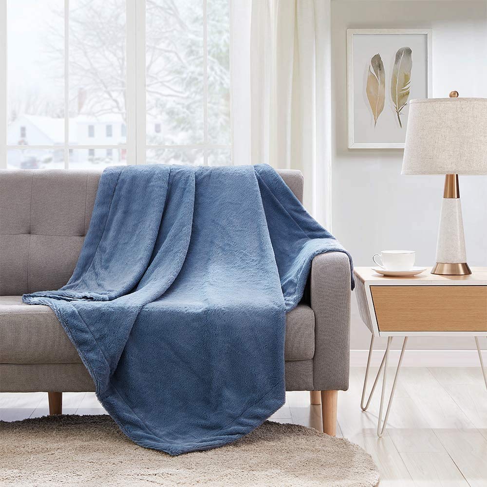 BOURINA Reversible Faux Fur Micromink Throw Blanket Lightweight Super Soft Cozy single blanket for Bed or Sofa ALL SEASONS (Blue, 60"×80")