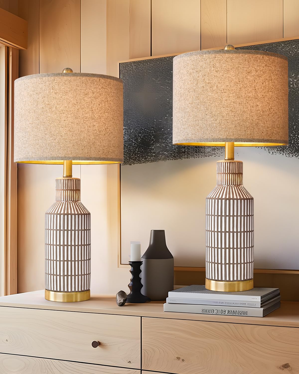 USumkky Lamps Set of 2 - Table Lamps for Bedroom - Modern Living Room Lamps - Brown Ceramic Bedside Lamps - 25" Farmhouse Lamps