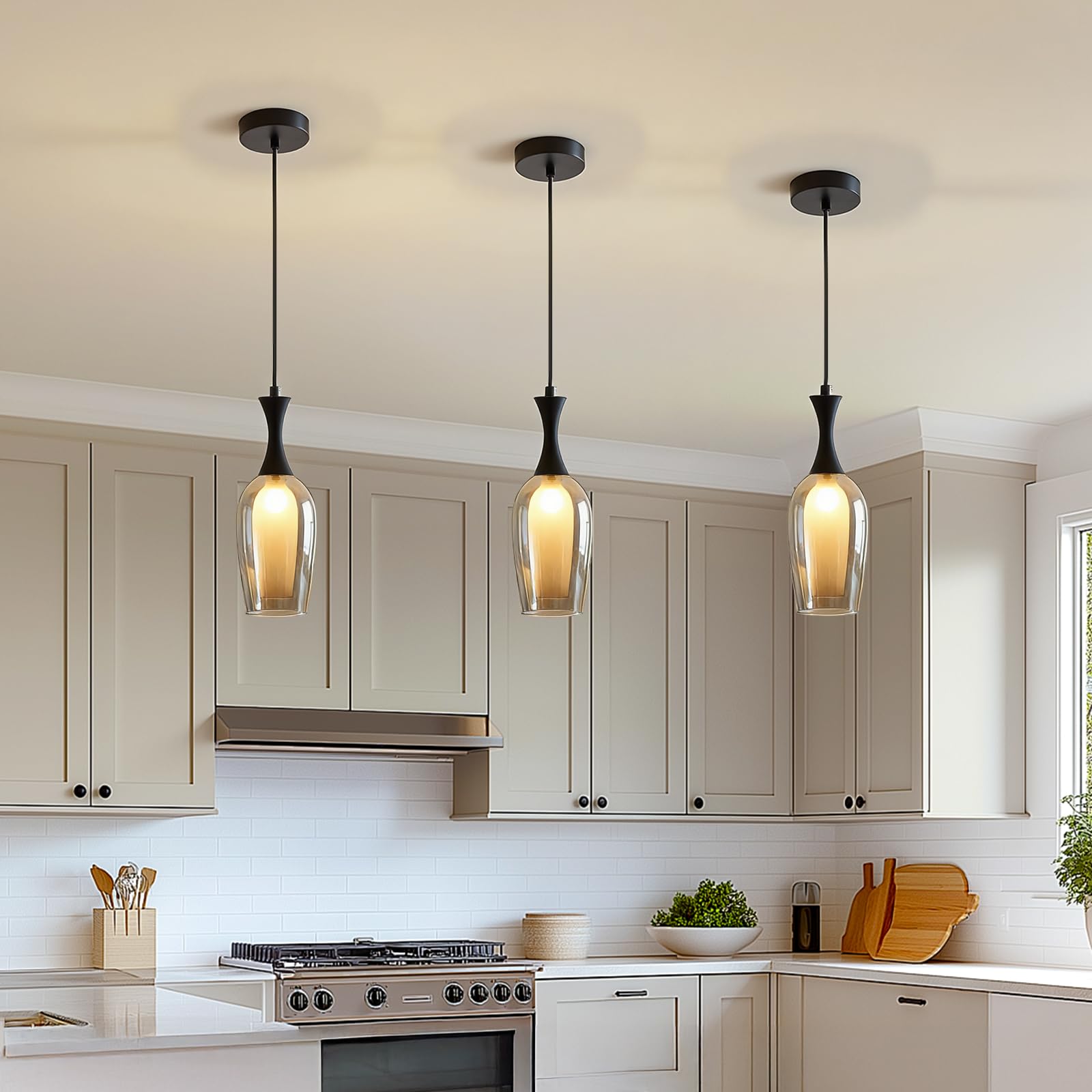 Warmiehomy 3 Pack Glass Pendant Light,Vintage Kitchen Island Lights Adjustable Height,Industrial Chandeliers for Dining Room Bedroom Hallway,D10*H152cm(Black)