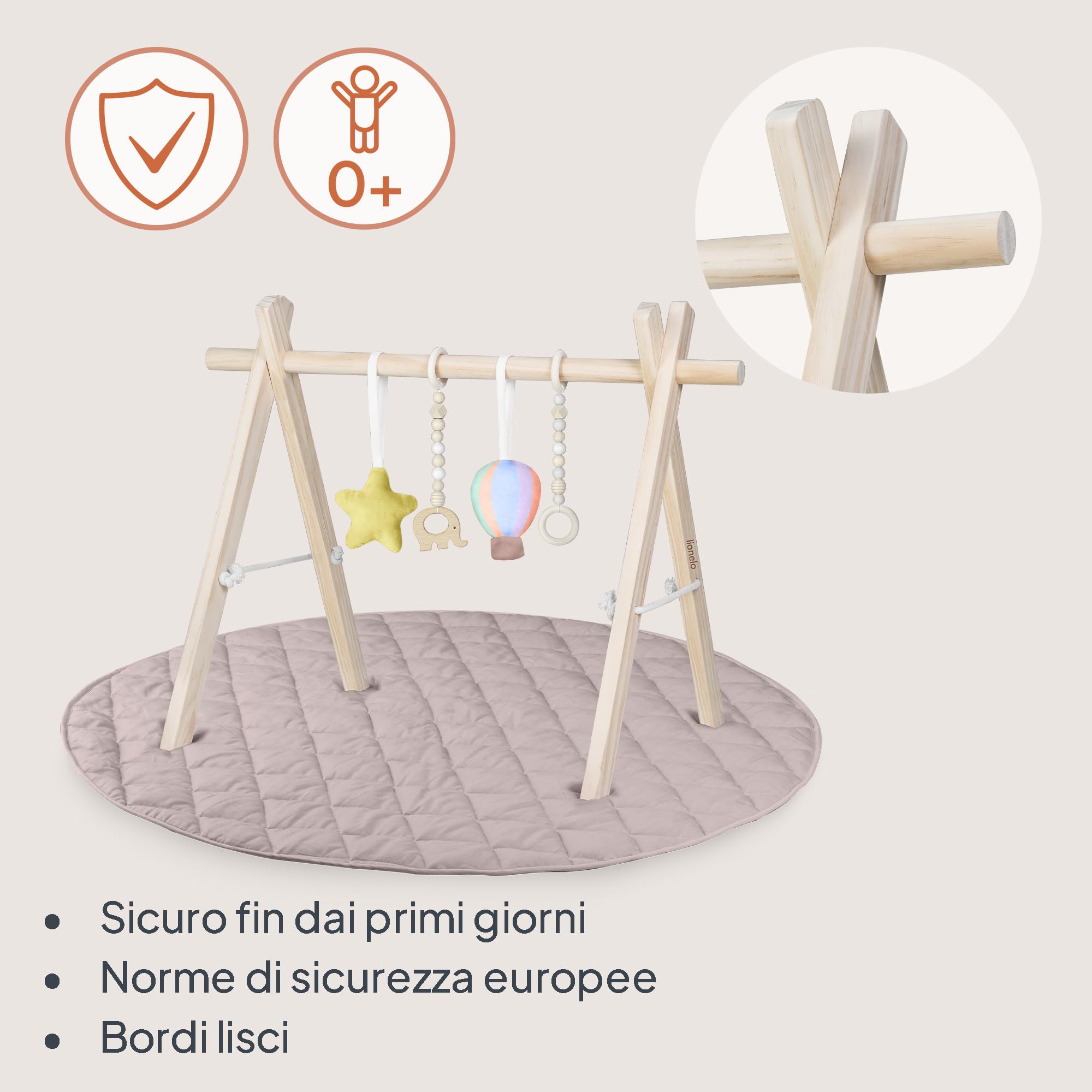 Lionelo ANIS SET Palestrina Neonato Baby Gym con Centro di Attività in legno, Giochi Sensoriali Rimovibili, tappetino Antiscivolo, Metodo 101 cm | Giochi Sensoriali Rimovibili, Tappetino Antiscivolo e Ampia Superficie da 101 cm