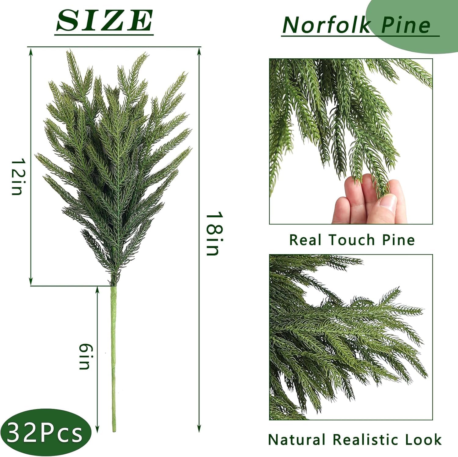 Norfolk-Kiefernzweige mit künstlichen grünen Stielen, 45 cm, fühlen sich echt an, für Vasen, Bastelarbeiten, Kranz, Weihnachtsdekoration, 32 Stück