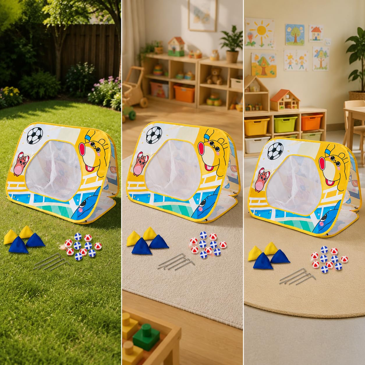 Outdoor Spiele für, Faltbares Fußballtor & Cornhole Wurfspiel für Garten & Drinnen, Gartenspielzeug für ab 3 Jahren