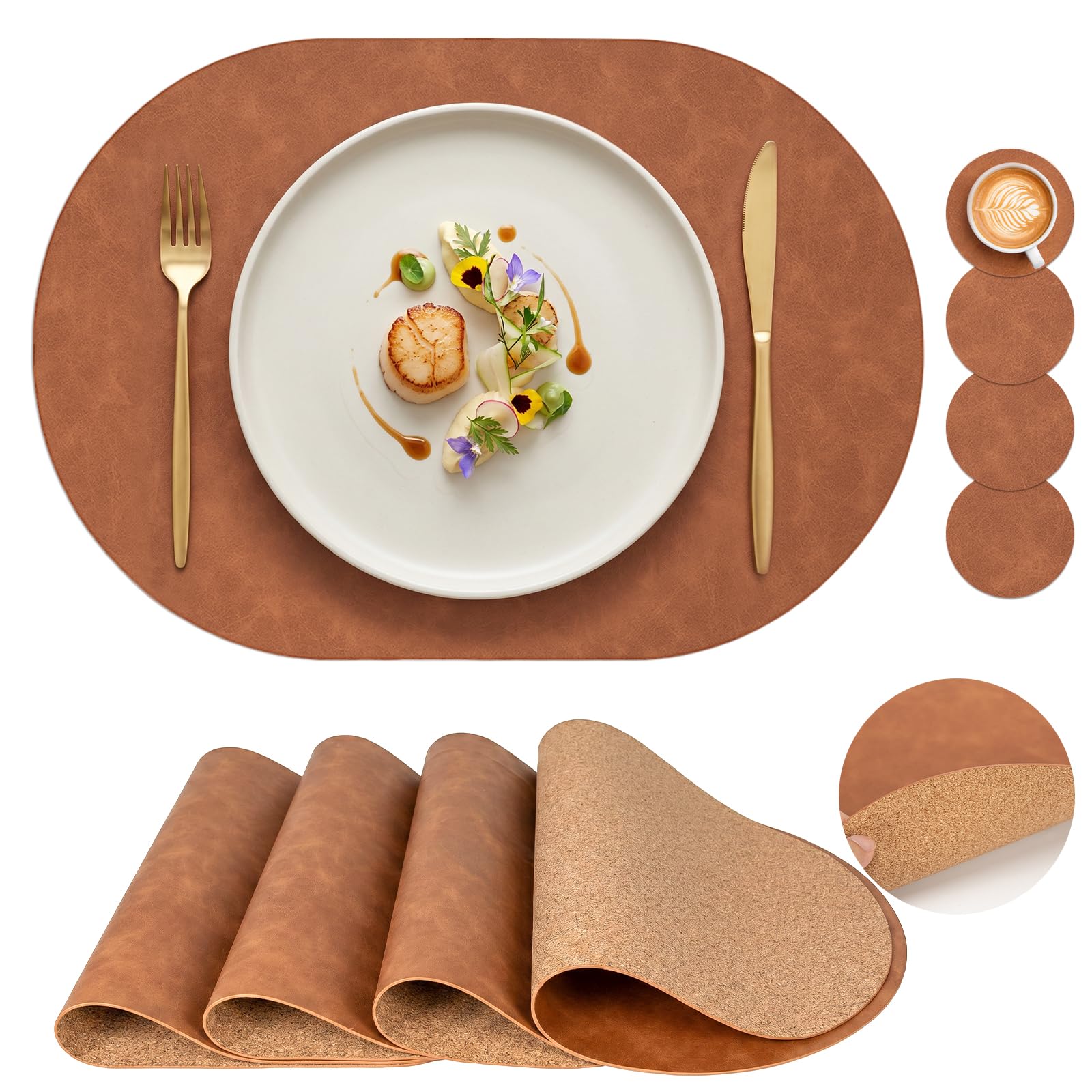 PROMATTOO Premium Oval Faux Leather Placemats with Coasters, Set of 4/6 Dining Table Mats, Cork-Effect Non-Slip Backing, Heat-Resistant Wipe-Clean Place Mats for Dinner, Coffee and Home Decor