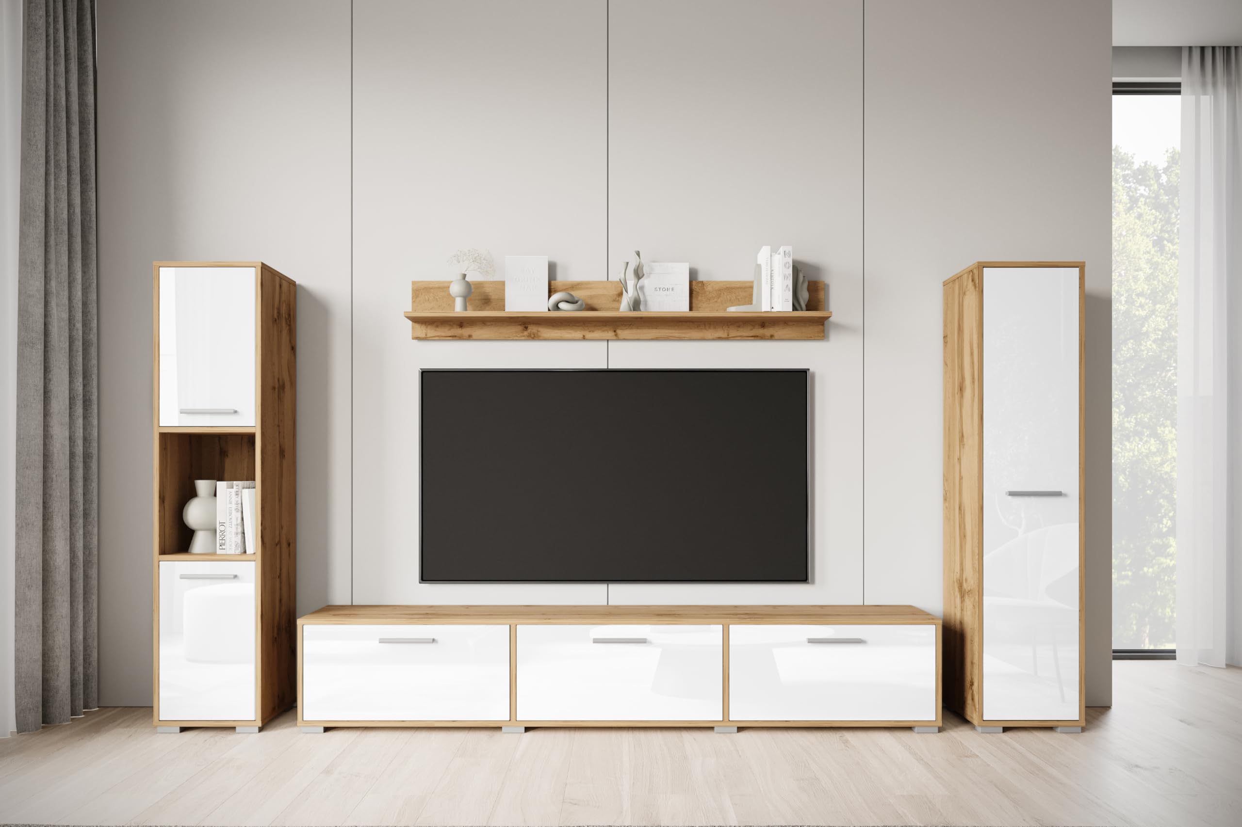 MINIO go for it - Wohnwand Wohnzimmer 4-teilig Toga, Wohnzimmer Möbel Set, 1x TV Lowboard, 2X Hochschrank, 1x Wandboard, Wohnzimmermöbel Komplett, Wohnzimmer Set - Farbe Wotan Eiche/Weiss Hochglanz