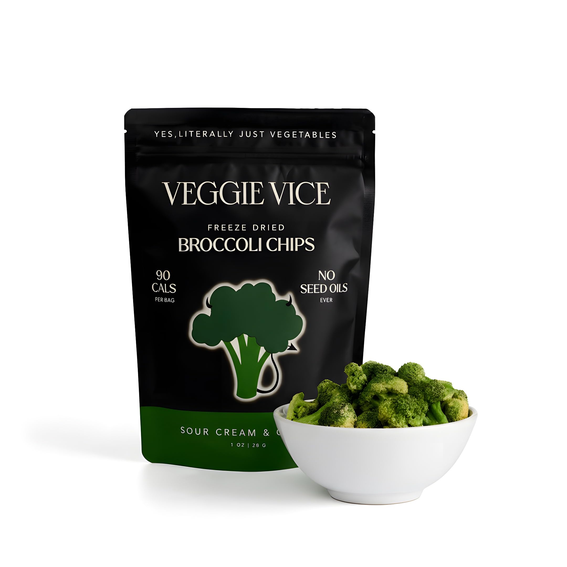 Veggie Vice Sour Cream and Onion Freeze Dried Broccoli Chips, No Oils or Starches, Use for Snacking, Salads, and Much More(1 Pouch, Sour Cream and Onion Broccoli)