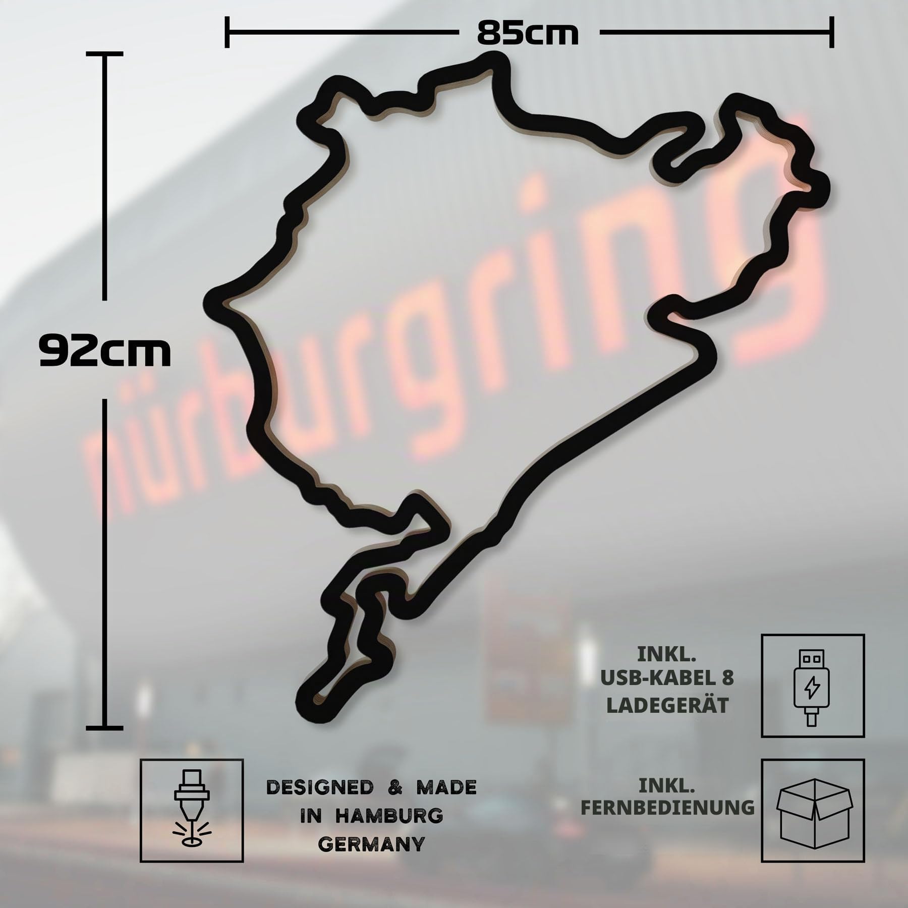 Nürburgring Holzskulptur Wanddeko – Komplette Rennstrecke aus einem Stück Holz | 92 cm | Handgefertigte Wanddekoration in Schwarz | Geschenk für Motorsport-Fans, Männerhöhle, Büro & Wohnzimmer