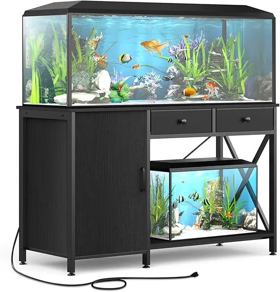 FILKO Fish Tank Stand for 55-75 Gallon Fish Tank: Aquarium Stand with Power Outlet - Metal 55 Gallon Tank Stand with Cabinet Drawer Storage for Turtle Tank, Reptile Terrarium (Black 1200LBS Capacity)