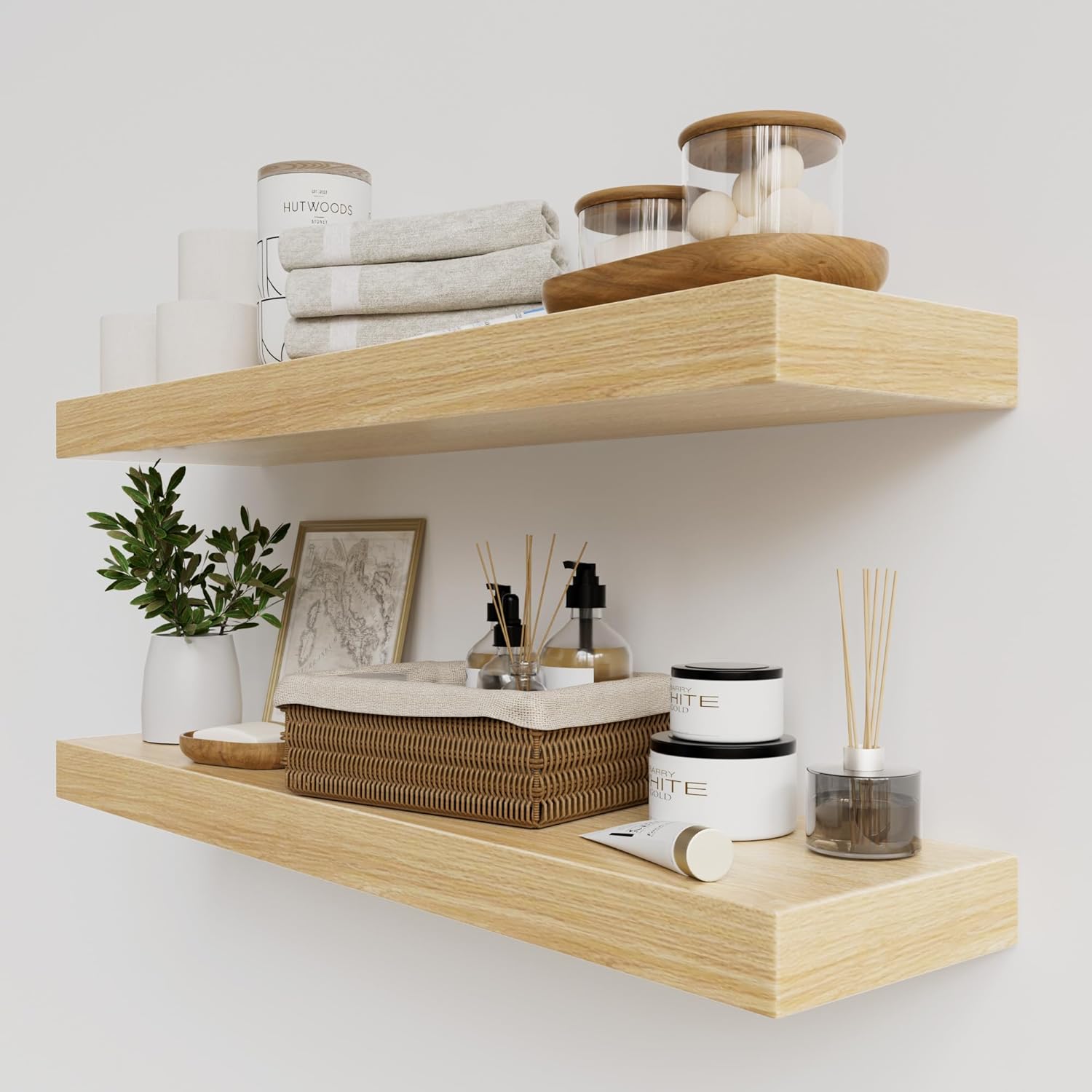 QueenFun White Oak Floating Shelves, 2Piece Wood Floating
