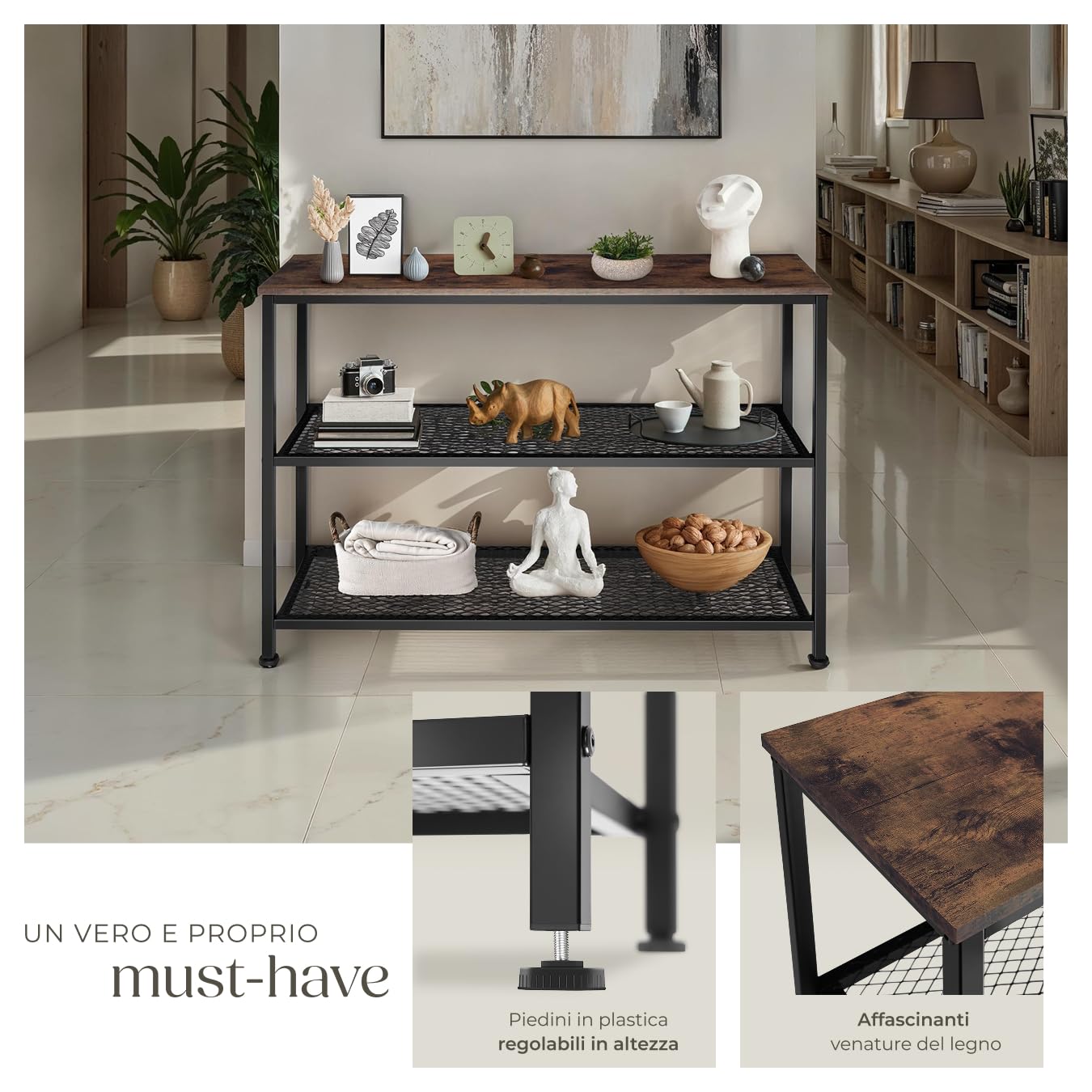tectake® Tavolo Console, Struttura in Acciaio, Piano in Legno, Due Grandi Piani in Reticolato, Piedi Regolabili, Soggirno, Stile Industriale - Legno Industriale Scuro, Rustico