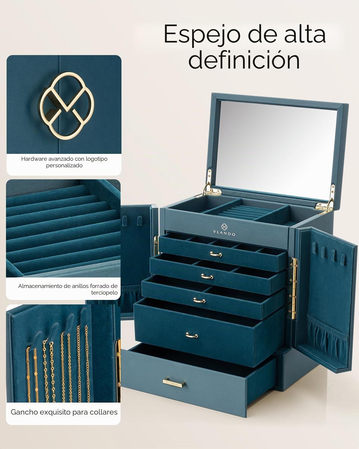 VLANDO Joyero grande vintage 6 niveles con espejo y cajones, organizador de joyas XXL para mujer