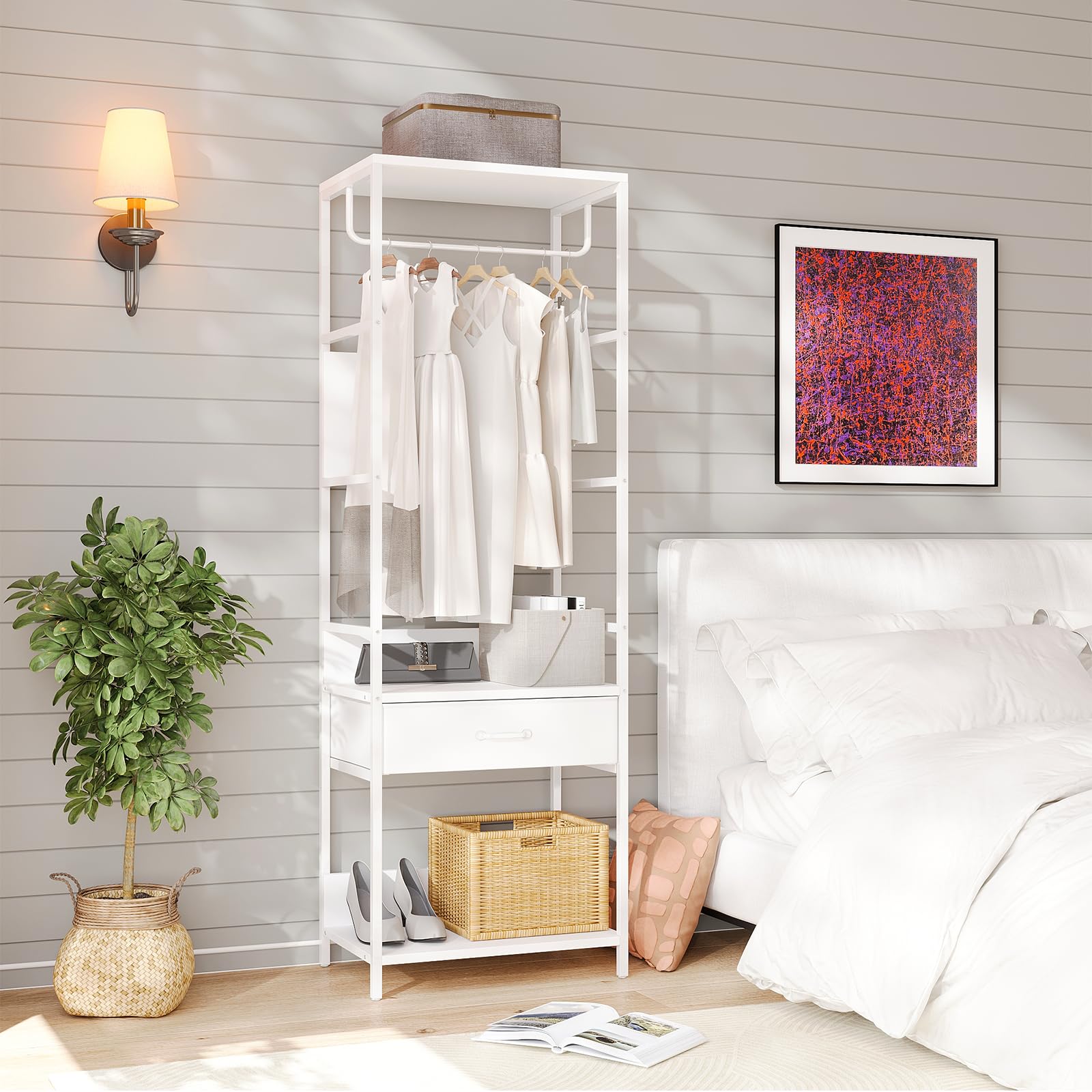VOWNER Appendiabiti da Terra, Mobile Ingresso con Panca, 4 in 1, Attaccapanni con Barra e Cassetti, Stand Appendiabiti in Acciaio Inox, Mobile Ingresso Multifunzionale con Scarpiera, 60x180x40cm
