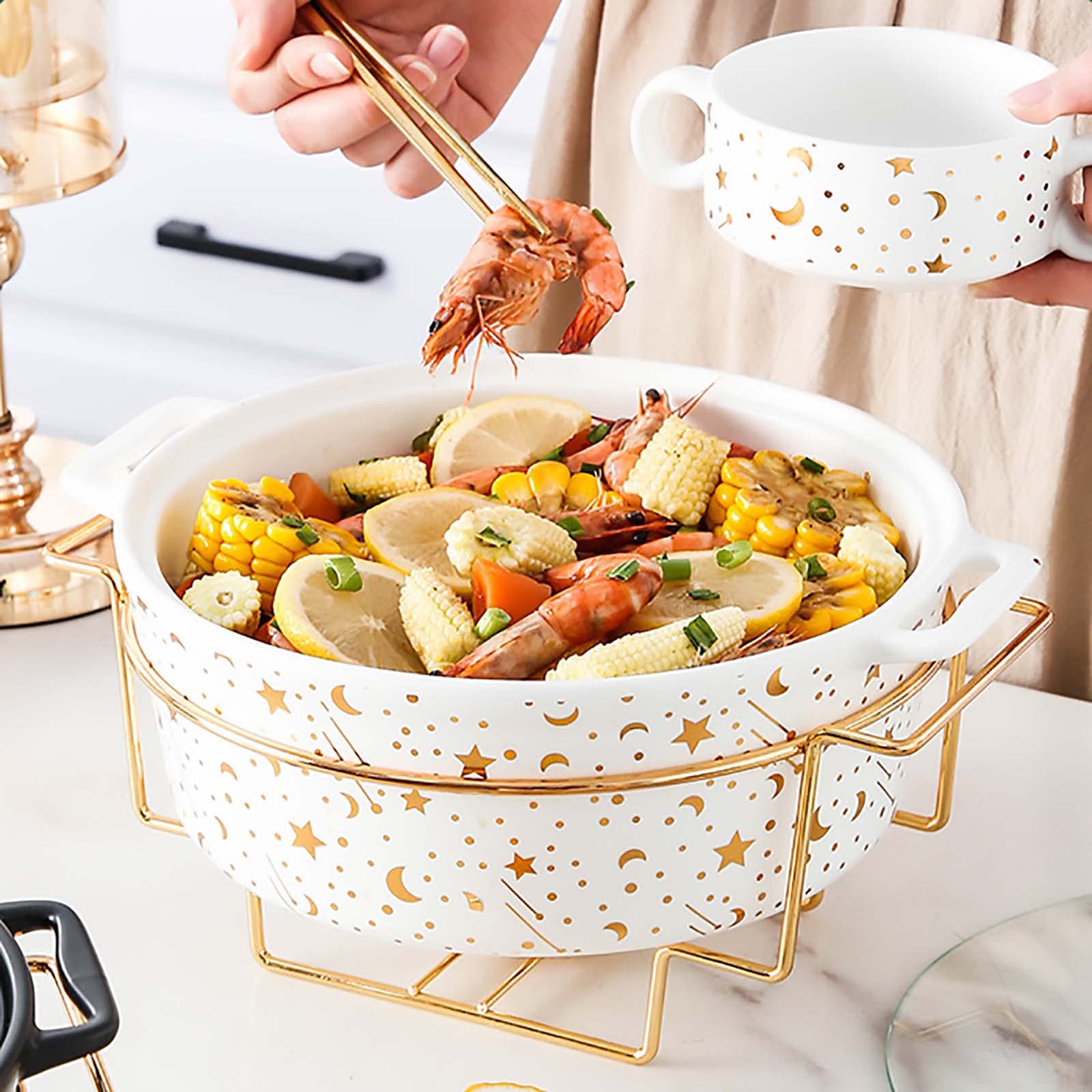Set di scaldavivande in ceramica, con coperchio in vetro e supporto per carburante, vassoio rotondo per scaldavivande e scaldavivande per buffet, matrimoni, feste, banchetti, Chris,