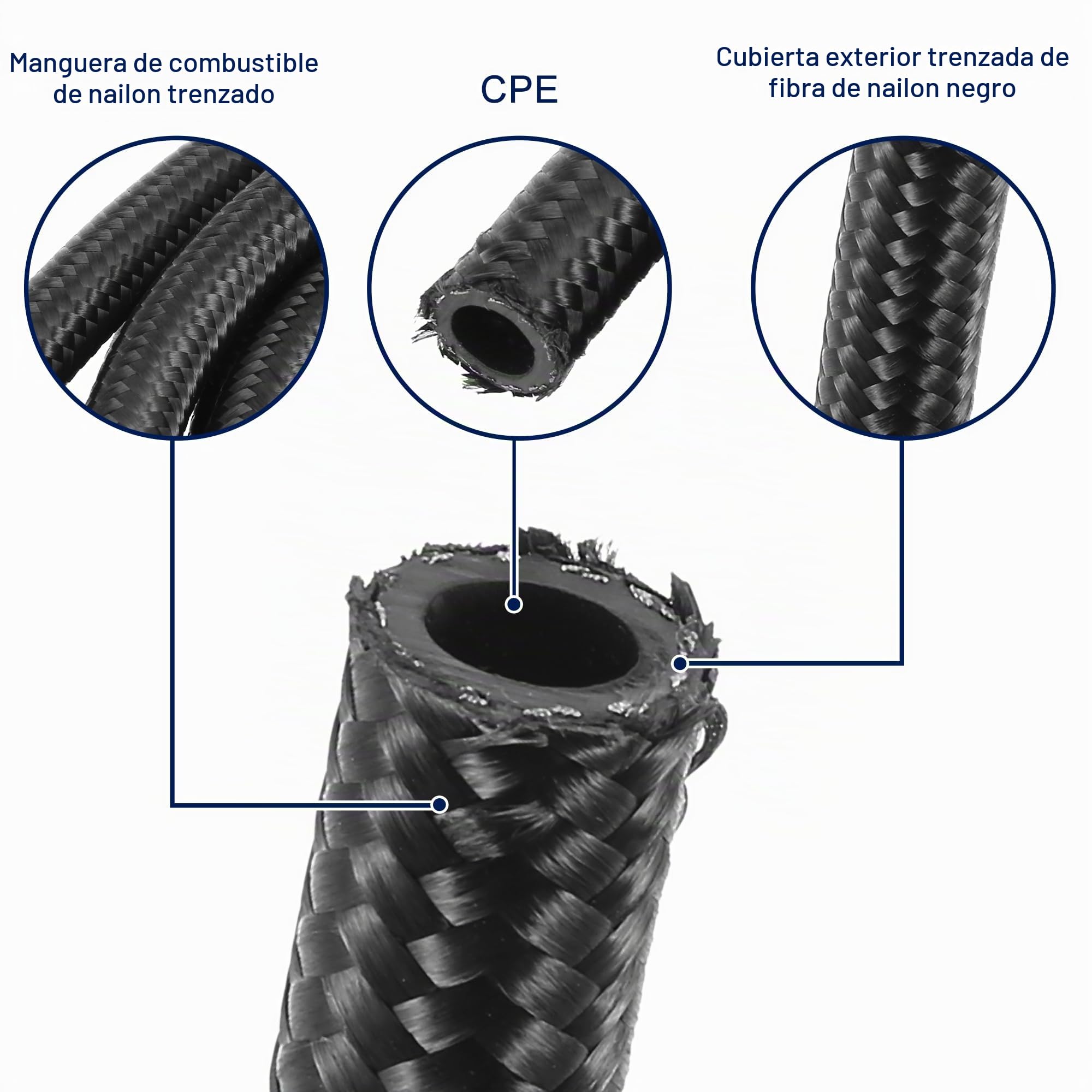 X AUTOHAUX Manguera De Combustible Trenzada CPE 10ft 3/8" Kit Para Coche | AN6, 8mm ID, 15mm OD; 10Pies; Incluye 2 Rectas, 2 De 45°, 2 De 90°, 6 Juntas; Fácil Instalación; Sin Fugas Alta Presión