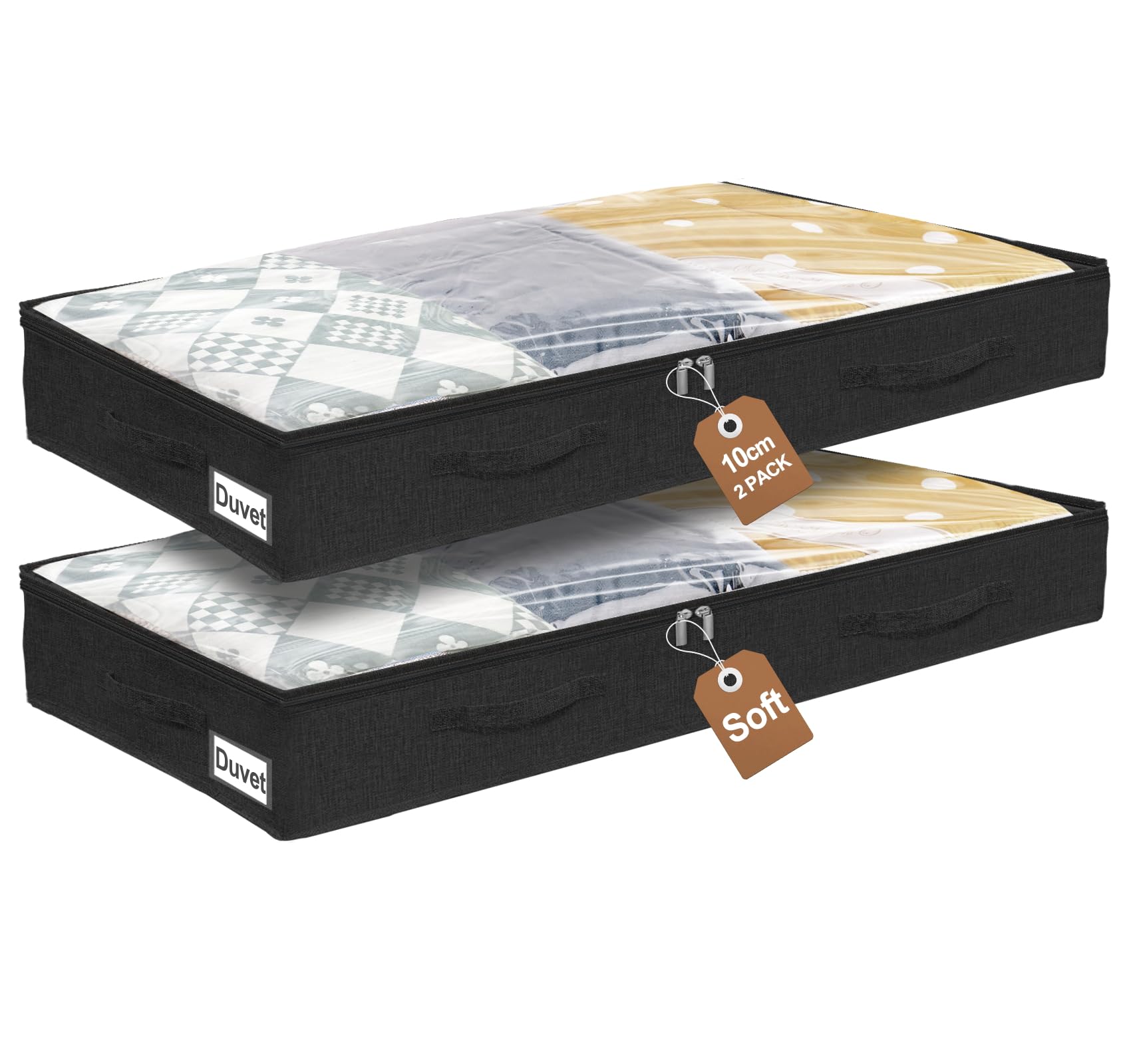 mepure Under Bed Storage 10cm Low-Profile, 2 Pack Foldable Storage Bags with Clear Window & Handles, Slim Organiser for Clothes, Blankets & Toys – 100×50×10cm, Fits Under Beds, black