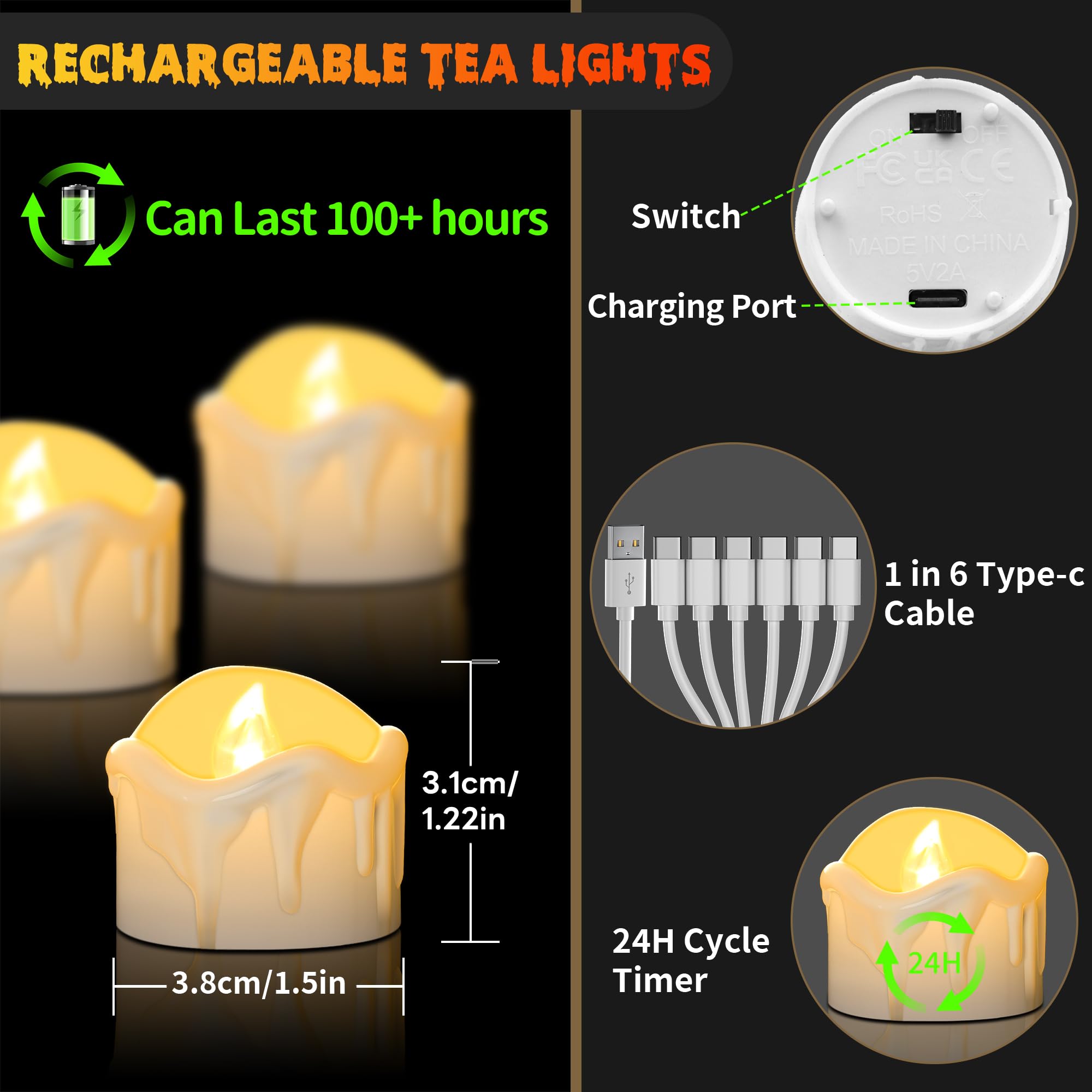 daphomeu Set di 12 lumini a LED ricaricabili con telecomando, funzione timer e ricarica USB, candele elettriche senza fiamma per Natale, matrimoni, decorazioni per la casa