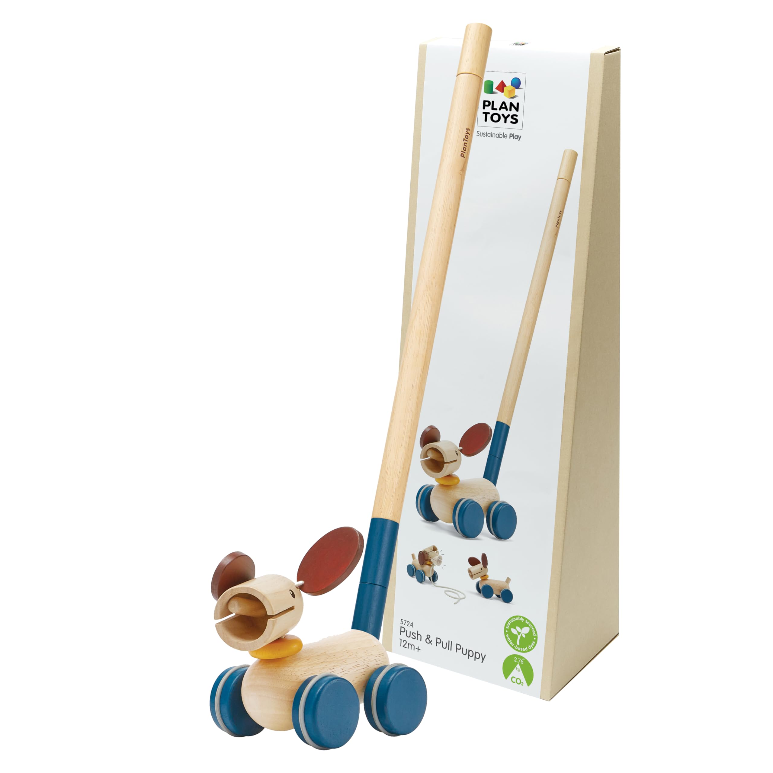 PlanToys Jouet à Tirer et Pousser Chien - Jouet à Pousser et à Tirer 3-en-1 en Bois - Jouet à Tirer Chien 1+ An