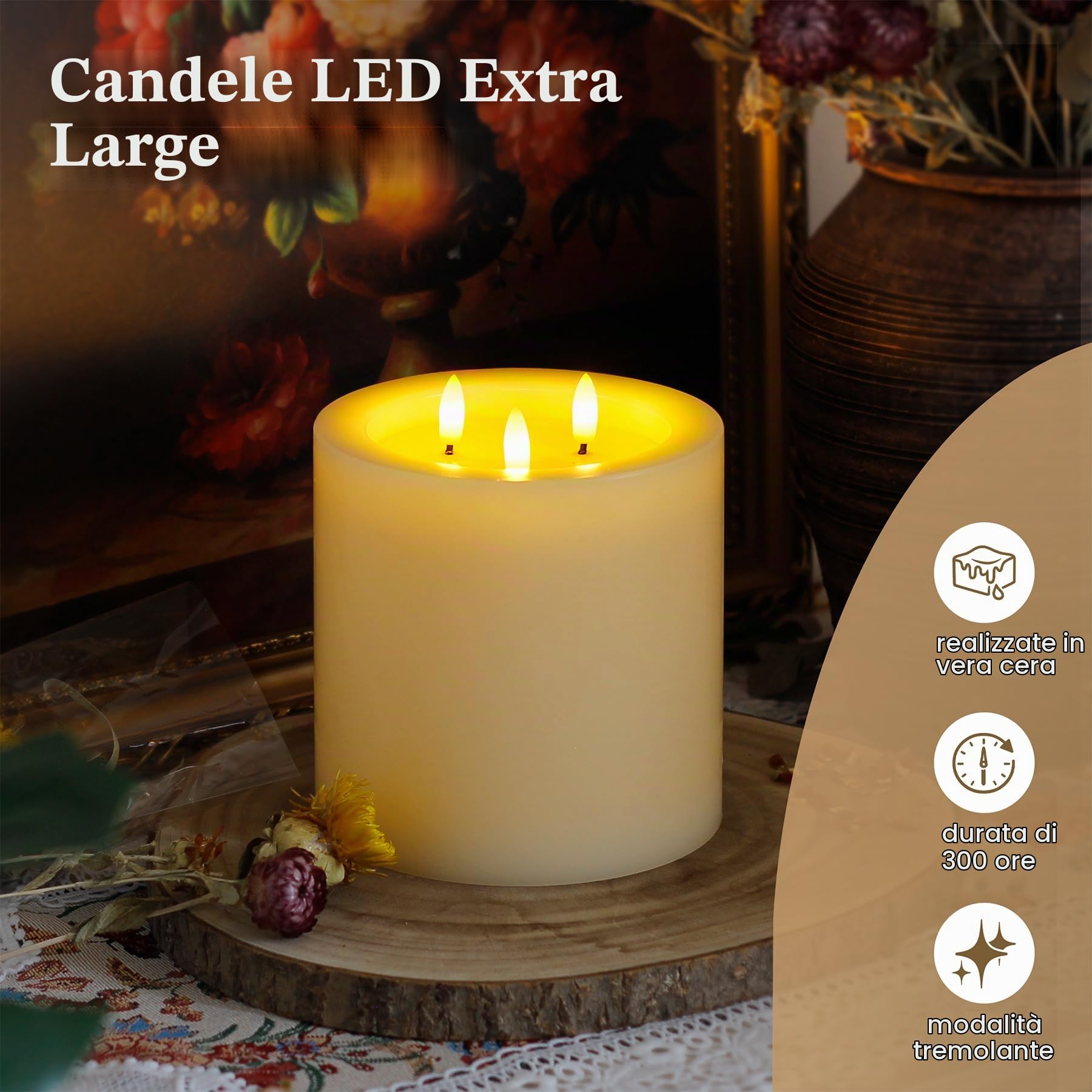 Yeelida Candela a LED senza fiamma di grandi dimensioni a 3 stoppini 15x15cm con telecomando e effetto olio di cera, funzione temporizzazione Candela di cera reale avorio sfarfallanti a batteria