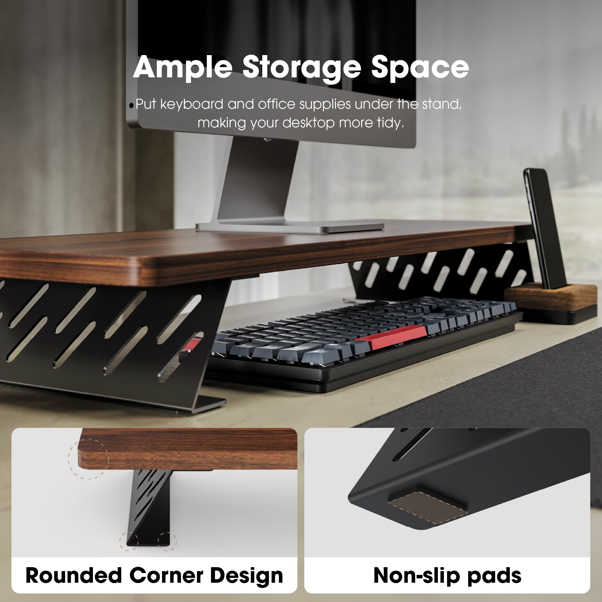 Fenge Soporte de Monitor de Madera con Estructura de Metal, Elevador para Escritorio de Doble Monitor, Soporte para Laptop, Computadora , con Estante de Almacenamiento, L80xW23.5xH10cm, Marrón